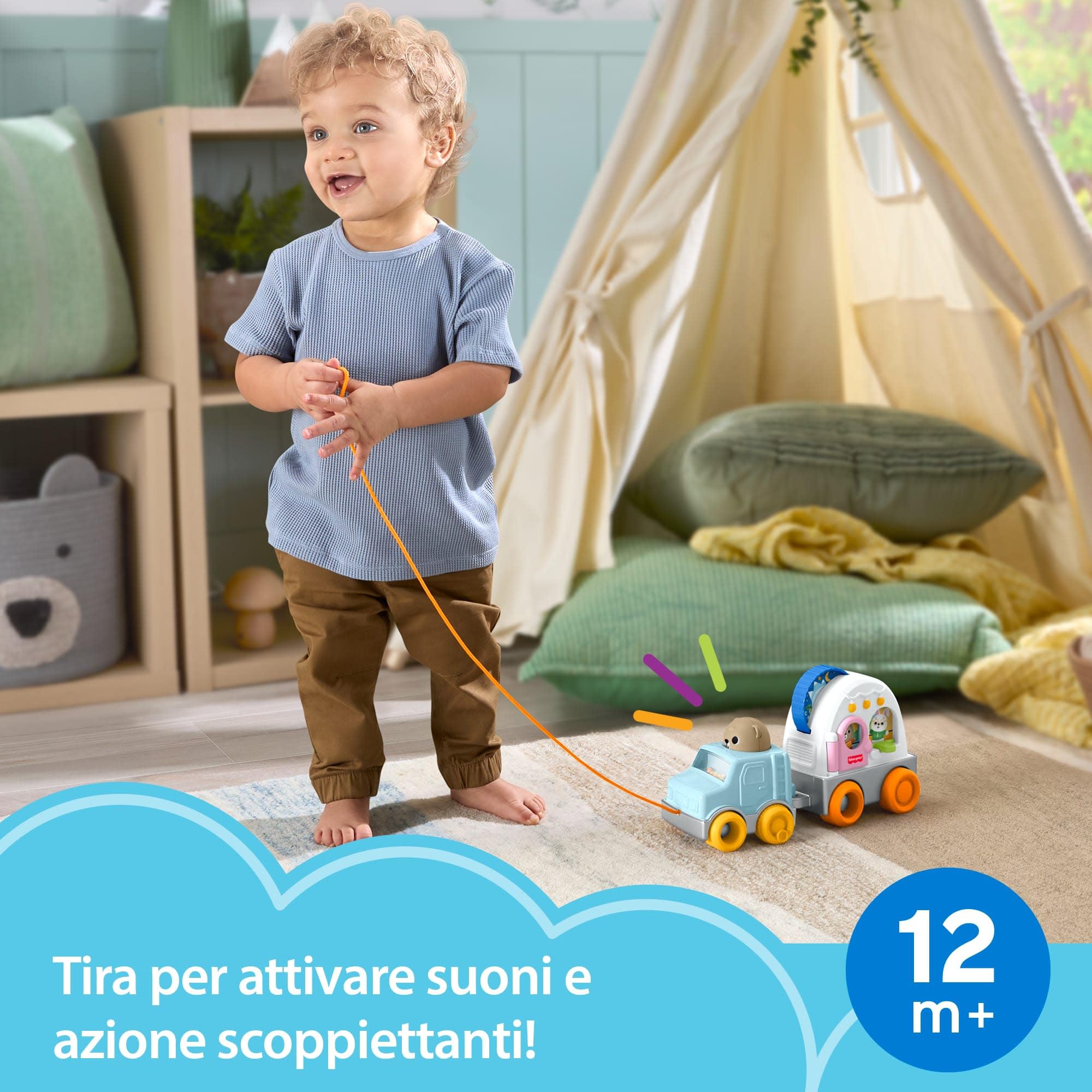 Fisher-Price - Camper Foresta degli Amici, Veicolo trainabile a Tema Campeggio con Suoni e Accessori, attività sensoriali per Lo Sviluppo delle capacità motorie, 1+ Anni, JKD52