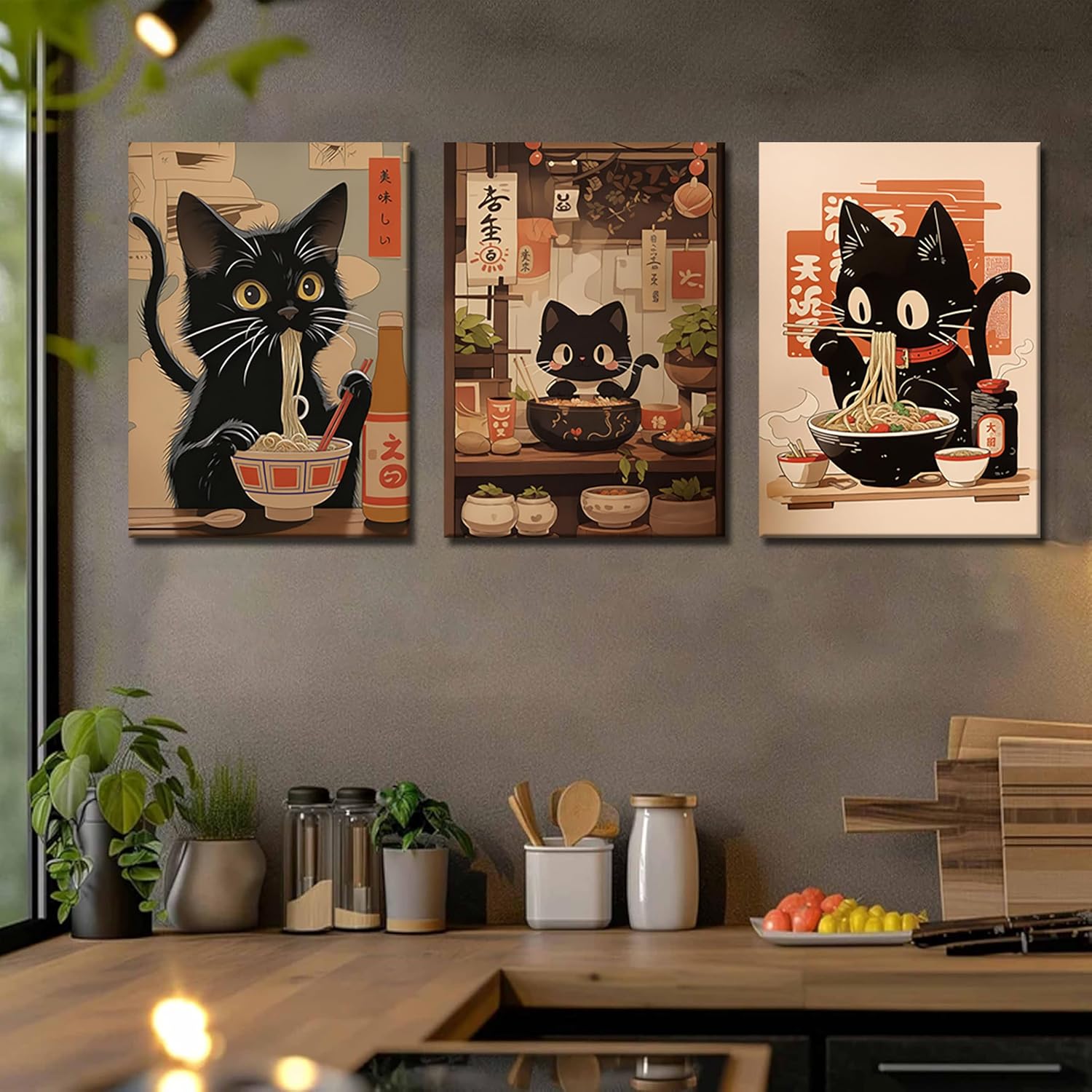 Framed Funny Black Cat Canvas Wall Art Set of 3, Vintage Japanese Cat Eating Ramen Wall Decor, Cute Animal Poster Prints, Edo Period Paintings Pictures for Living Room Kitchen Dining Room 16x24 inch