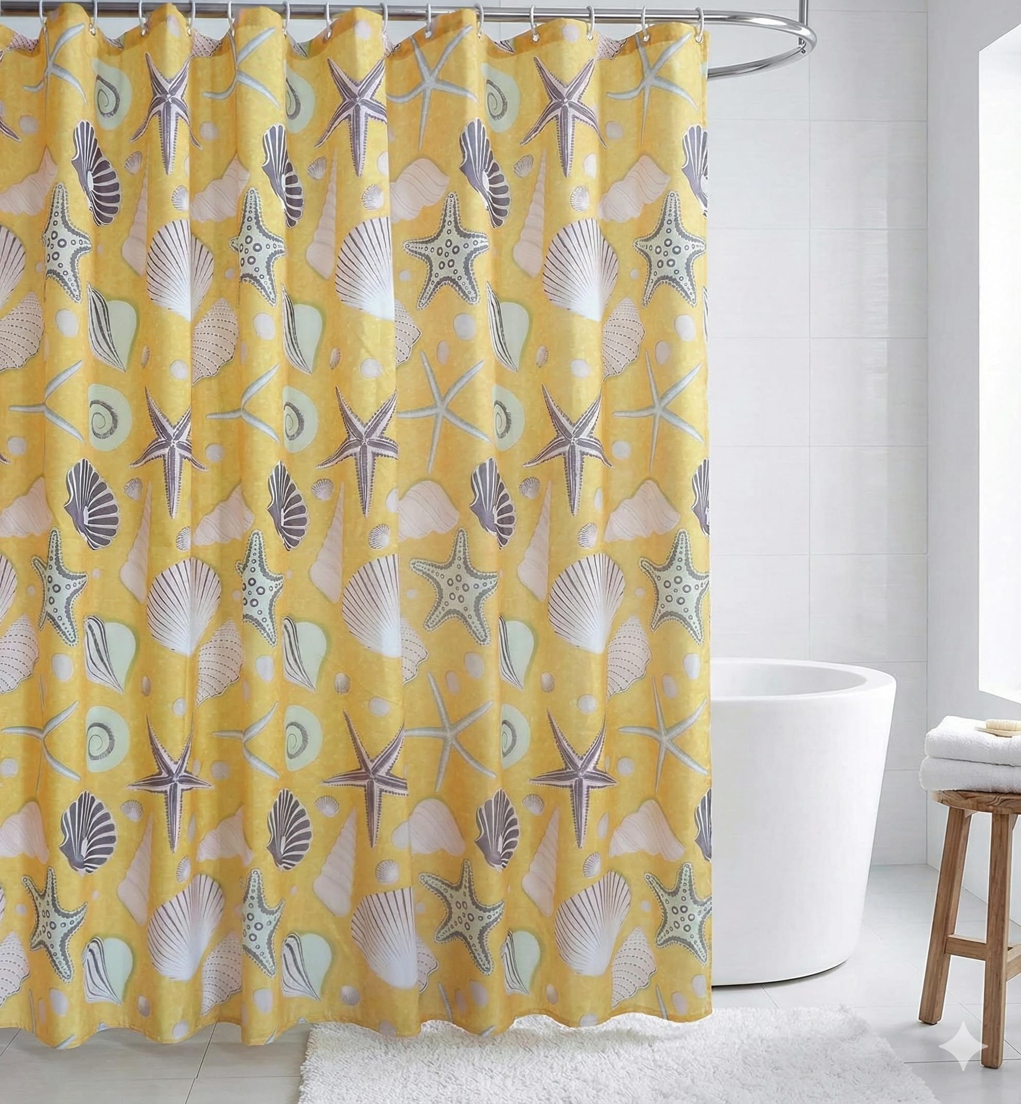 Kikzi® Luxury Hotel Quality Fabric Shower Curtain, Soft-Touch Woven Textile with 12 Hooks, Mould Proof & Water Repellent, 180x180cm, Machine Washable (Yellow Seashell)