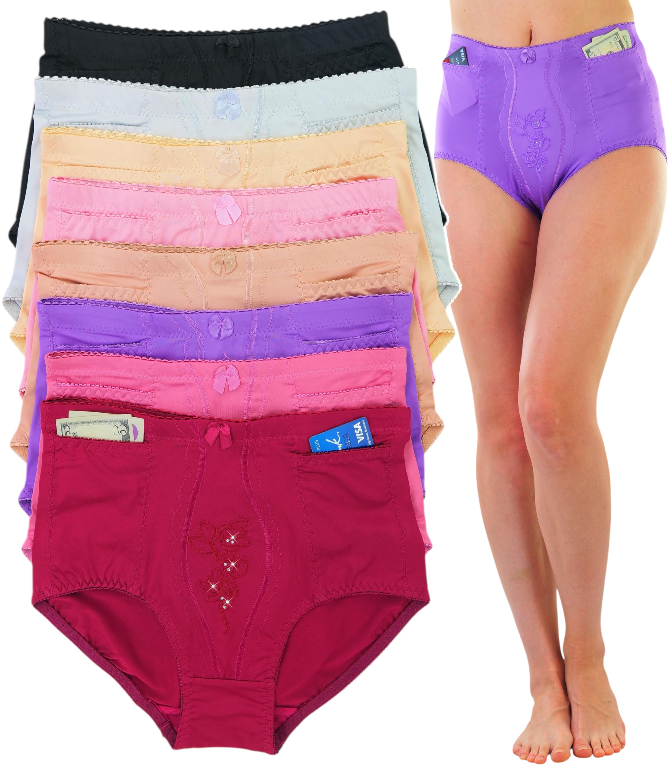 Women's 6 Pack High Waist Concealed Slit Pockets Elegant Print Girdle Briefs