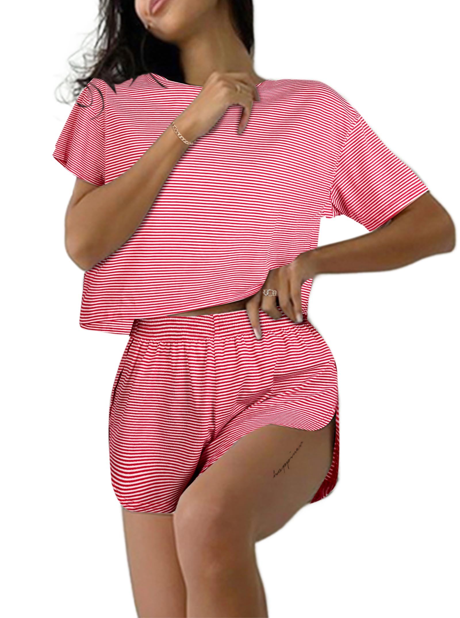 Remidoo Womens Crew Neck Pajama Set Causal Tee Shirts and Shorts Loungewear, White-heart