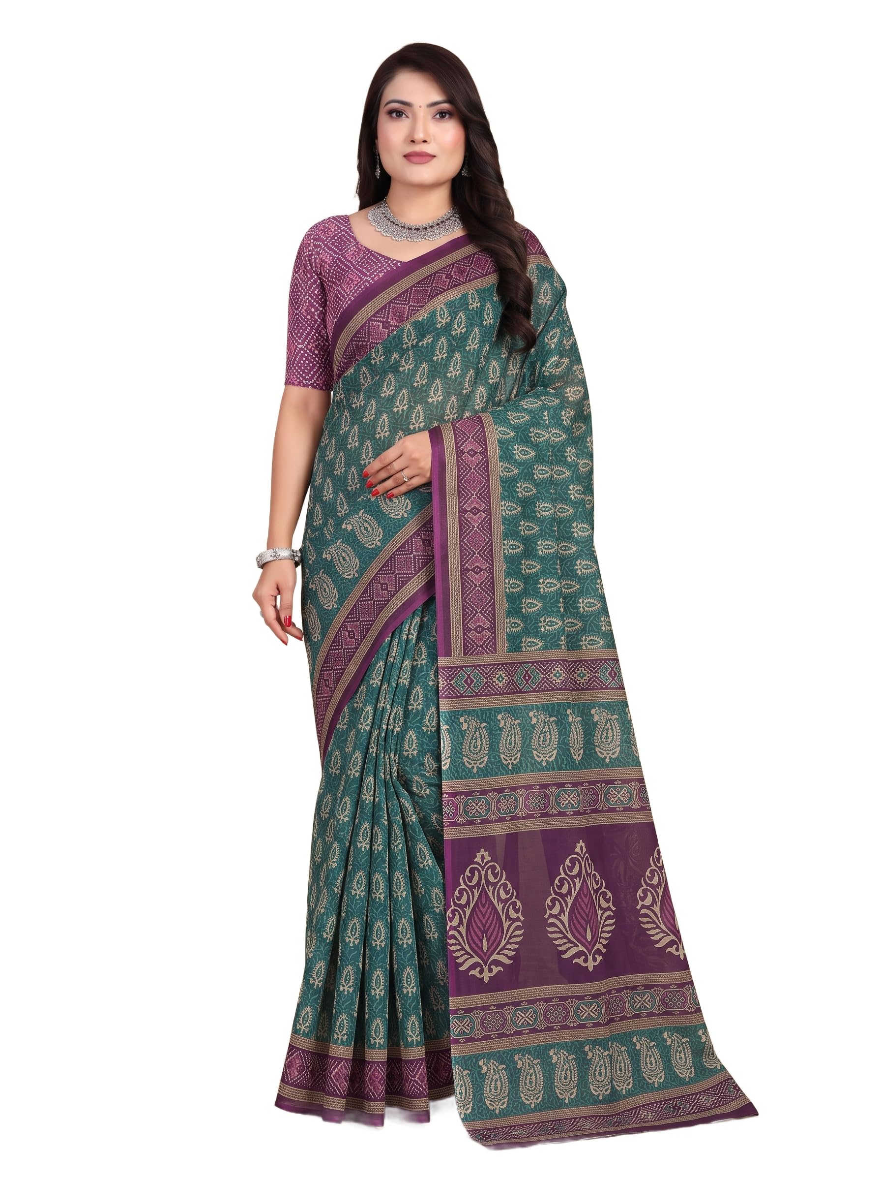 Experience the gentle drape of pure mulmul (Stiff) cotton saree with traditional butta and paisley prints, perfect for warm days and festive gatherings.-picture-31