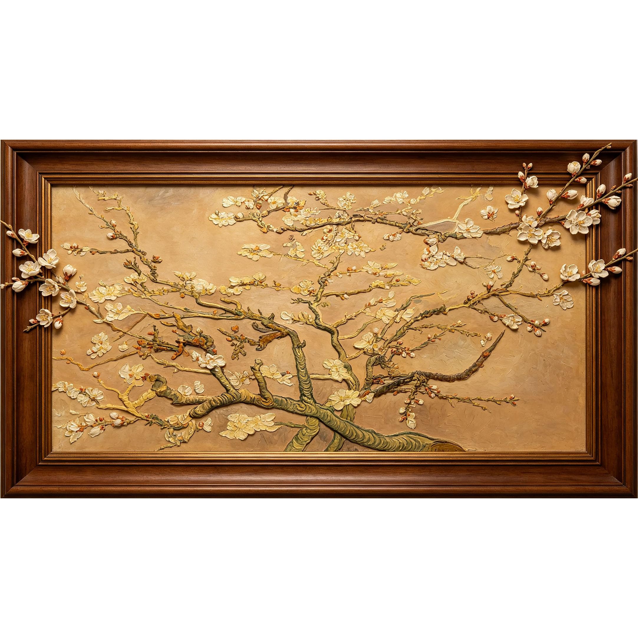 QZLITHOTIC 50x90cm3D Framed Wall Art， Textured Botanical Blossom Branch Self‑Adhesive Mural， Water‑Activated Peel & Stick Fabric Decor Wall Decal for Bedroom Living Room