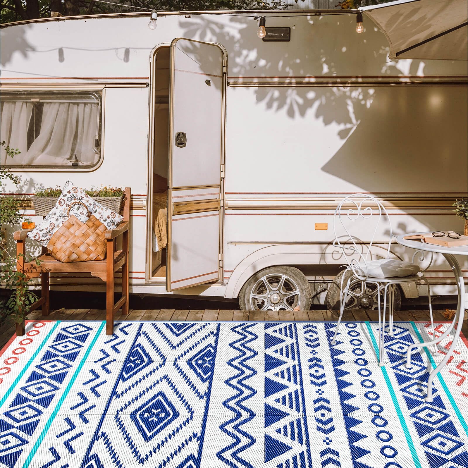 Waterproof Reversible Patio Rug 9x12 ft, Plastic Straw Mat for RV Camping