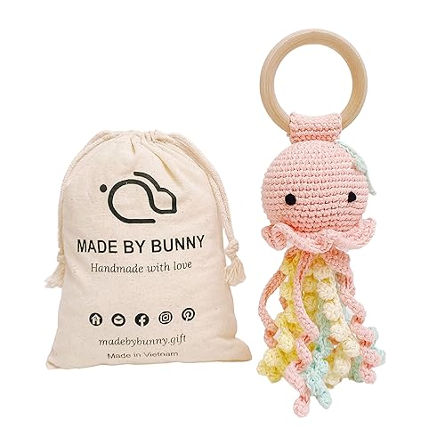 Sonajero de madera de conejito para bebé, juguete de sonajero de medusas, juguete hecho a mano para recién nacidos, agarres de desarrollo temprano,