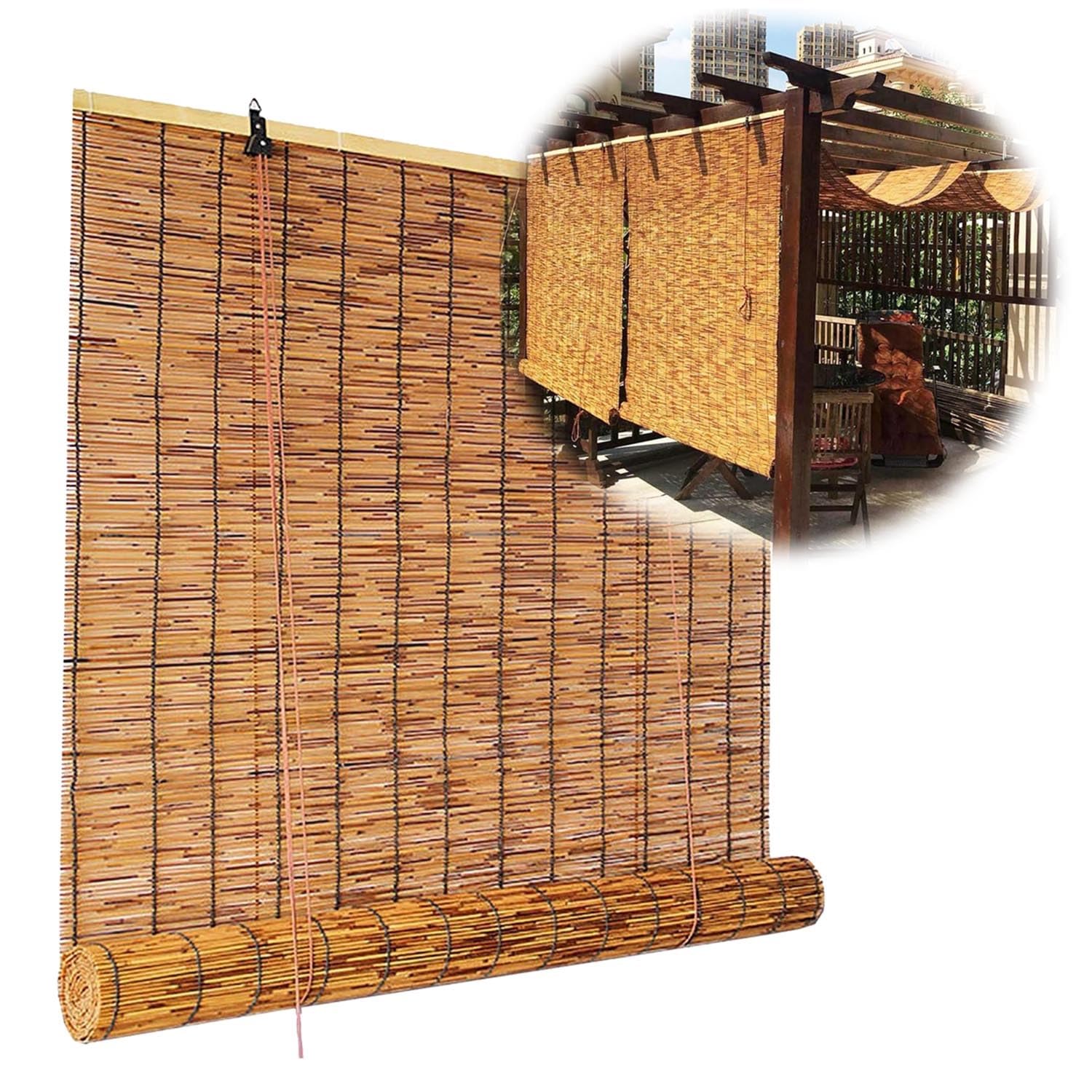 DISPRA Custom Size Outdoor Sun Shade Blinds W 36'' 26'' 46'' 56'' 66'' 72'' Windscreen Bamboo Roller Blind for Patio Backyard Porch Deck Screens,