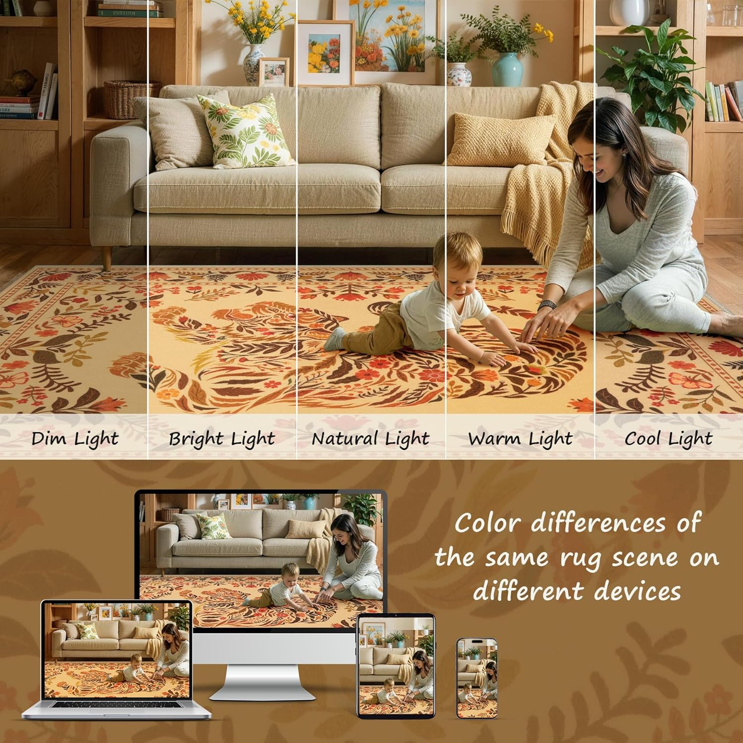 SERISSA 2x3 Small Tiger Rug for Entryway, Washable Non-Slip Botanical Floral Animal Indoor Doormat, Low Pile Boho Area Rug for Entrance Kitchen Bedroom Laundry Room, Camel