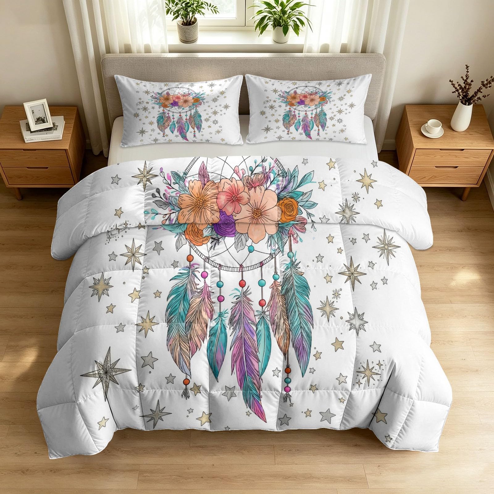 Poszewka na kołdrę bez poszewki, 240 x 220 cm, 7,5 Tog, dwustronna kołdra z 2 poszewkami na poduszki, miękka, przytulna, kwiatowa pościel w gwiazdki, na każdą porę roku, można prać w pralce, biała