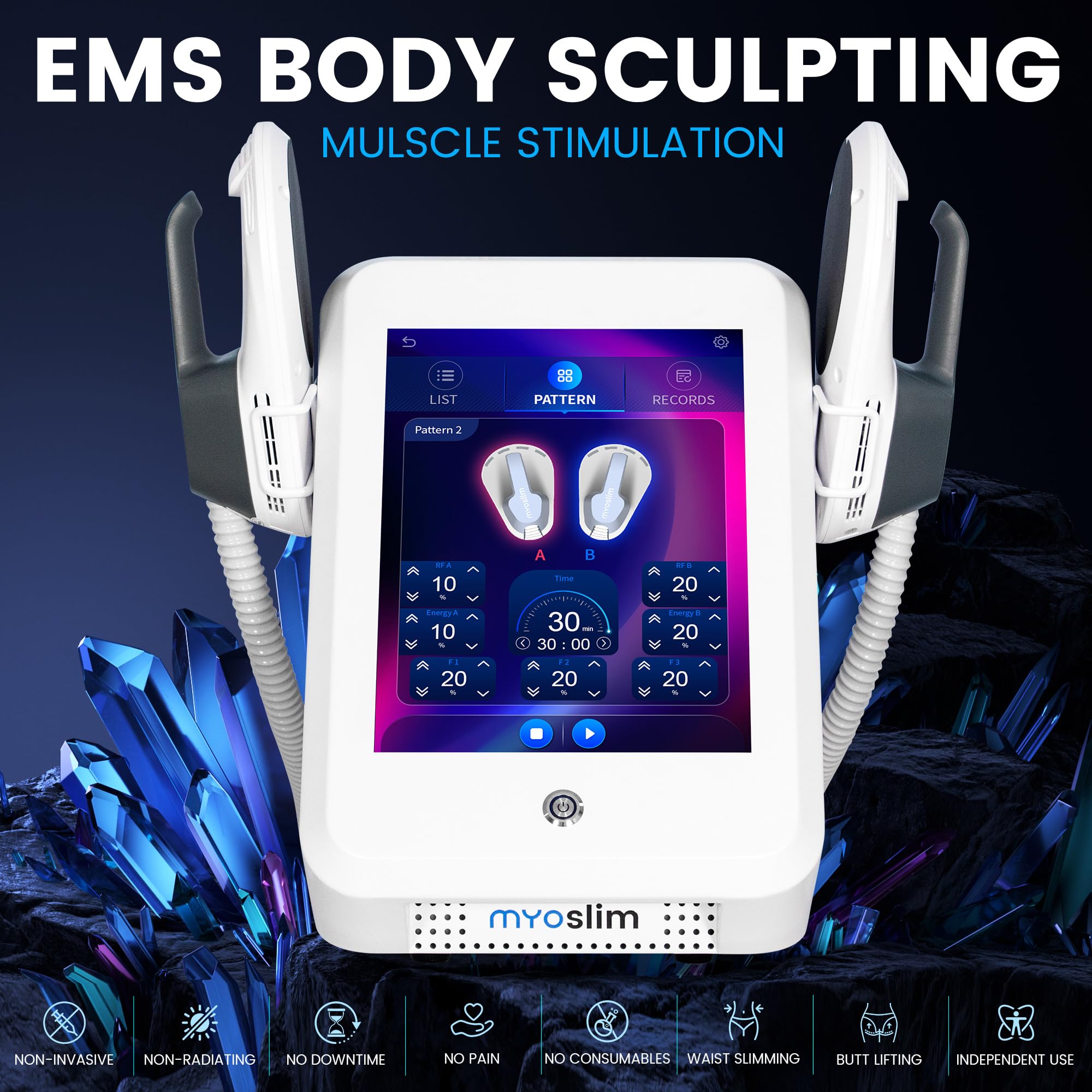 Dispositivo de electroestimulación muscular Myoslim, diseñado para el desarrollo muscular, el levantamiento de caderas y la pérdida de peso, para uso personal o comercial, color blanco.
