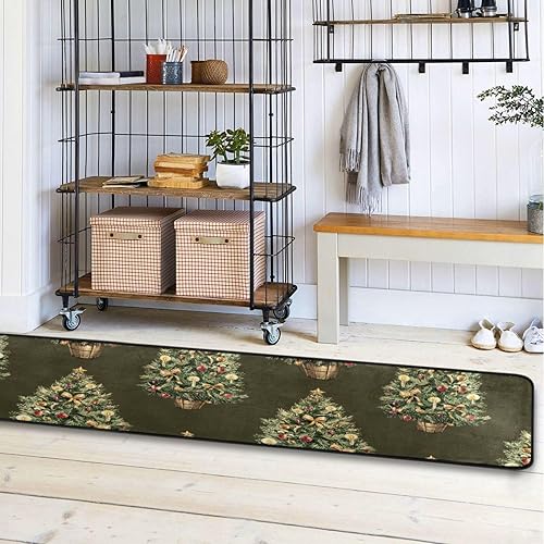 Miniatura 7 de Alfombra vintage de árbol de Navidad para pasillo, cocina, vacaciones de temporada, lavable, no desprende pelusa, alfombra de entrada para sala de