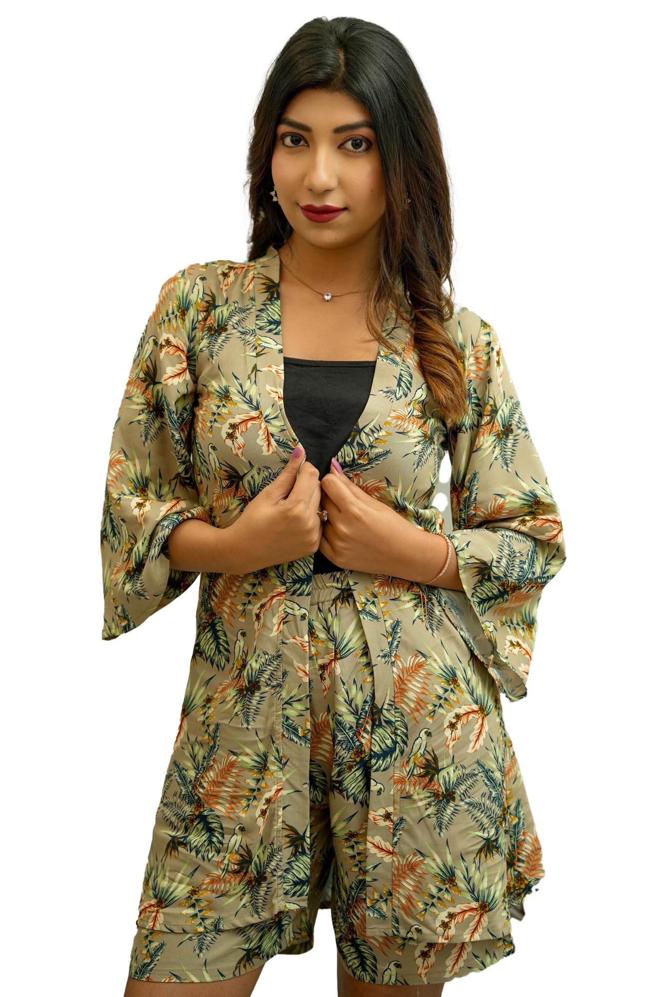 Go Boujee Lifestyle Cotton Open Jacket Womens Co-ord Set | Green Shaded | M