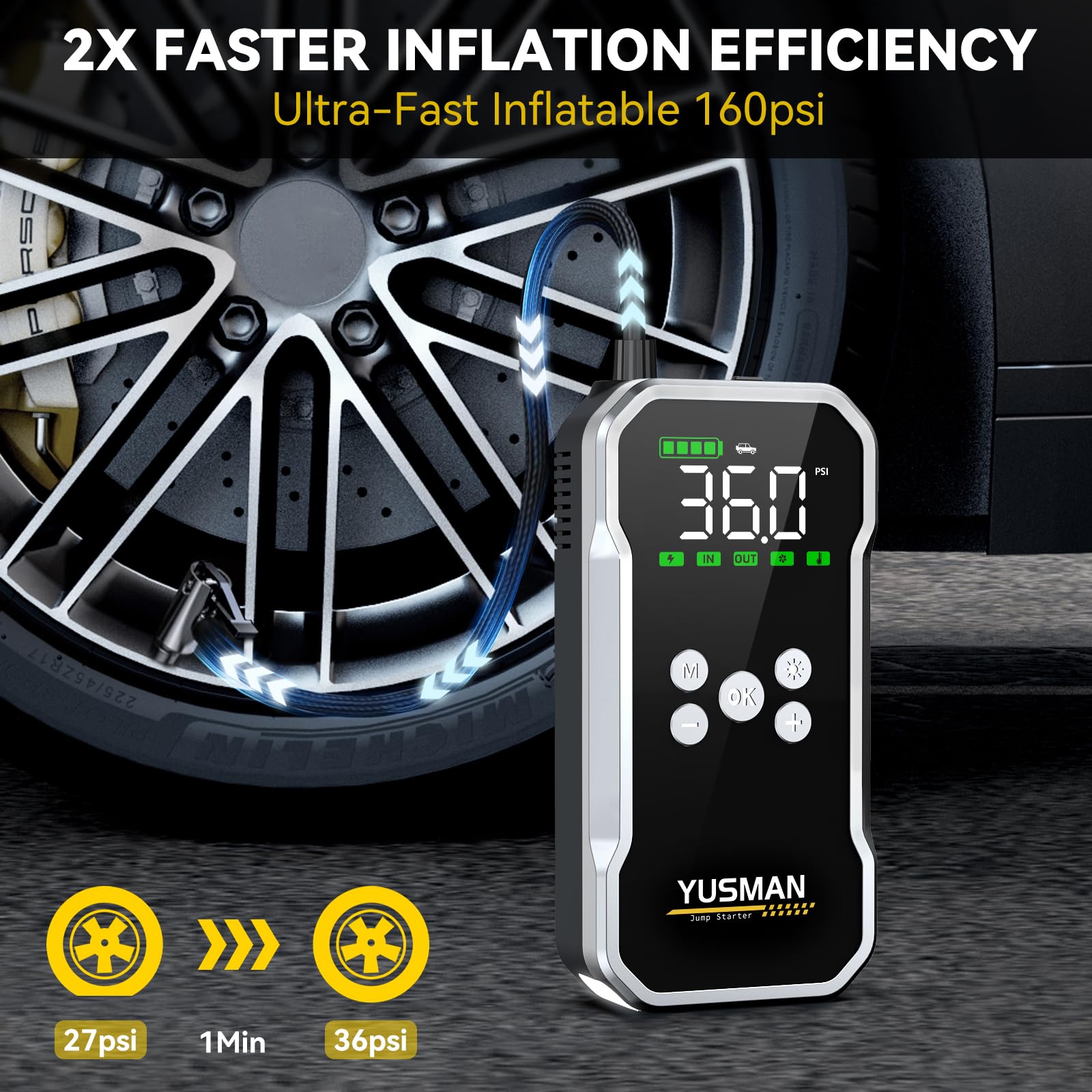 Jump Starter with Air Compressor, 8000A 160PSI Jump Starter Pack (10.0 Gas/7.0L Diesel), 12V Car Jump Starter, Battery Jump Starter with Display, Smart Jumper Cables, 2 LED Light