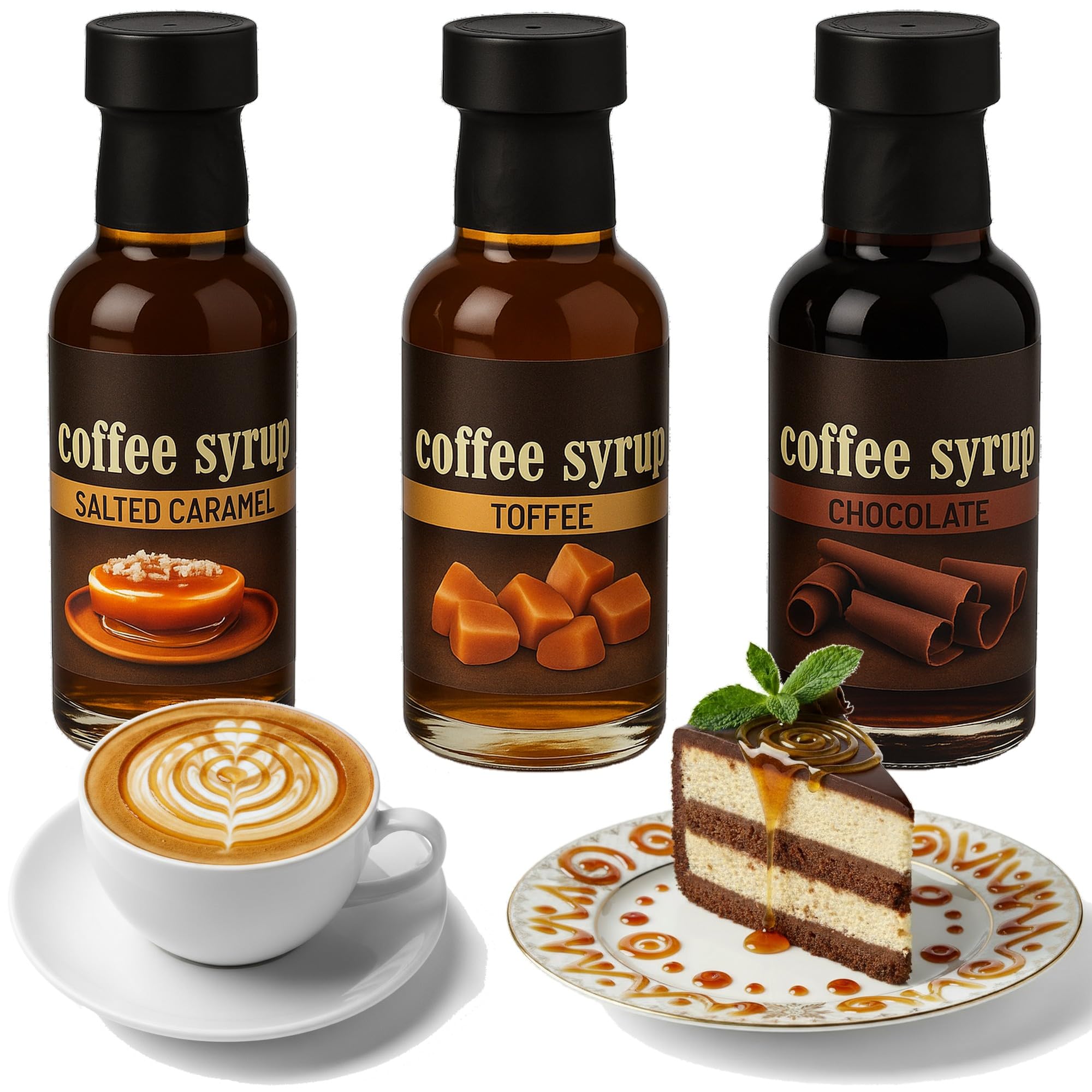 Coffret Sirops Gourmands pour Café & Pâtisserie - 3 Saveurs Intenses : Caramel Beurre Salé, Toffee et Chocolat - Idéal pour Barista à la Maison, Desserts et Boissons Chaudes