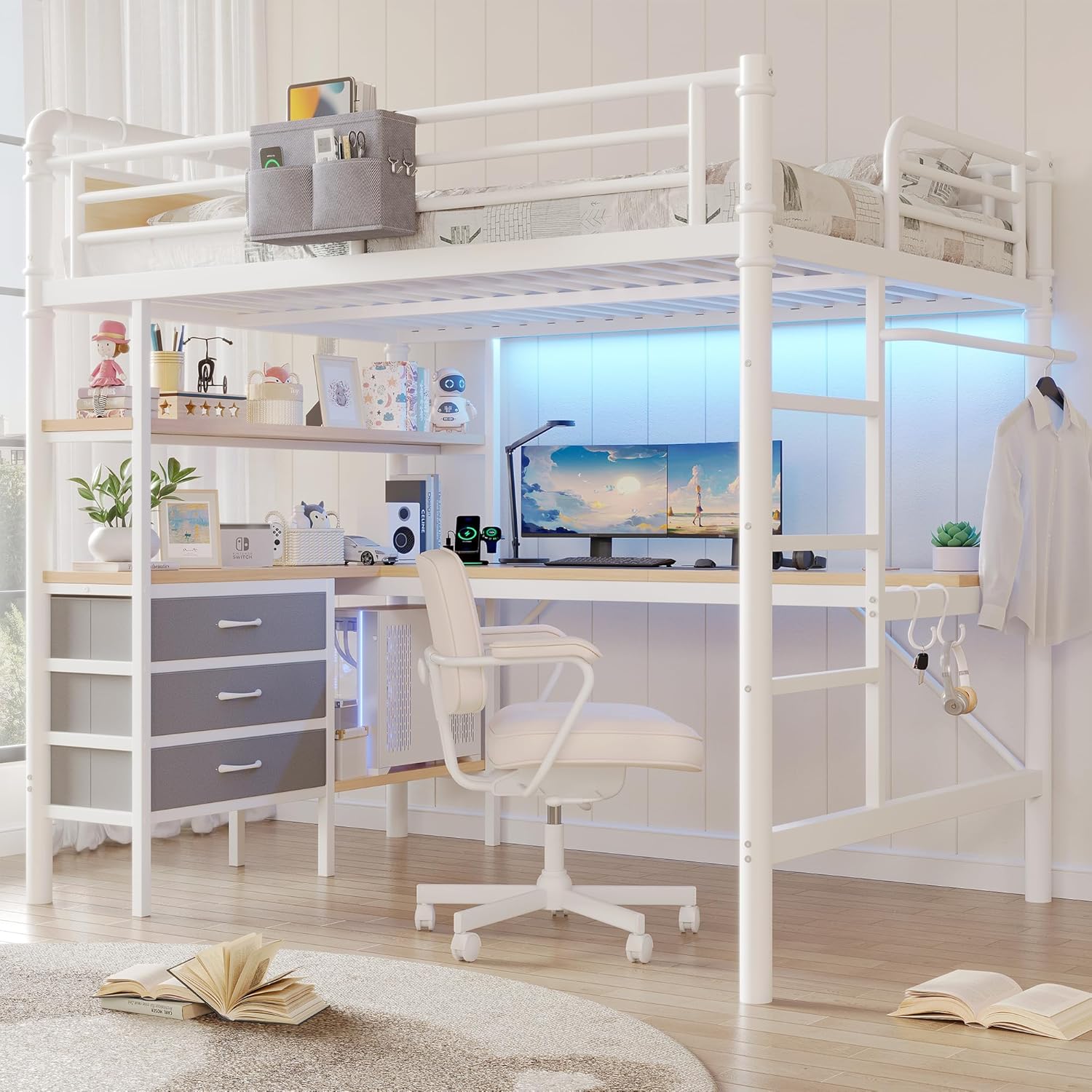 Full Size Loft Bed with L-Shaped Desk, LED Lights,Charging Station, Industrial Heavy Duty Metal Loft Bed Frame with 3 Storage Shelves and 3 Fabric Drawers, Safety Guard & Ladder, White White Full