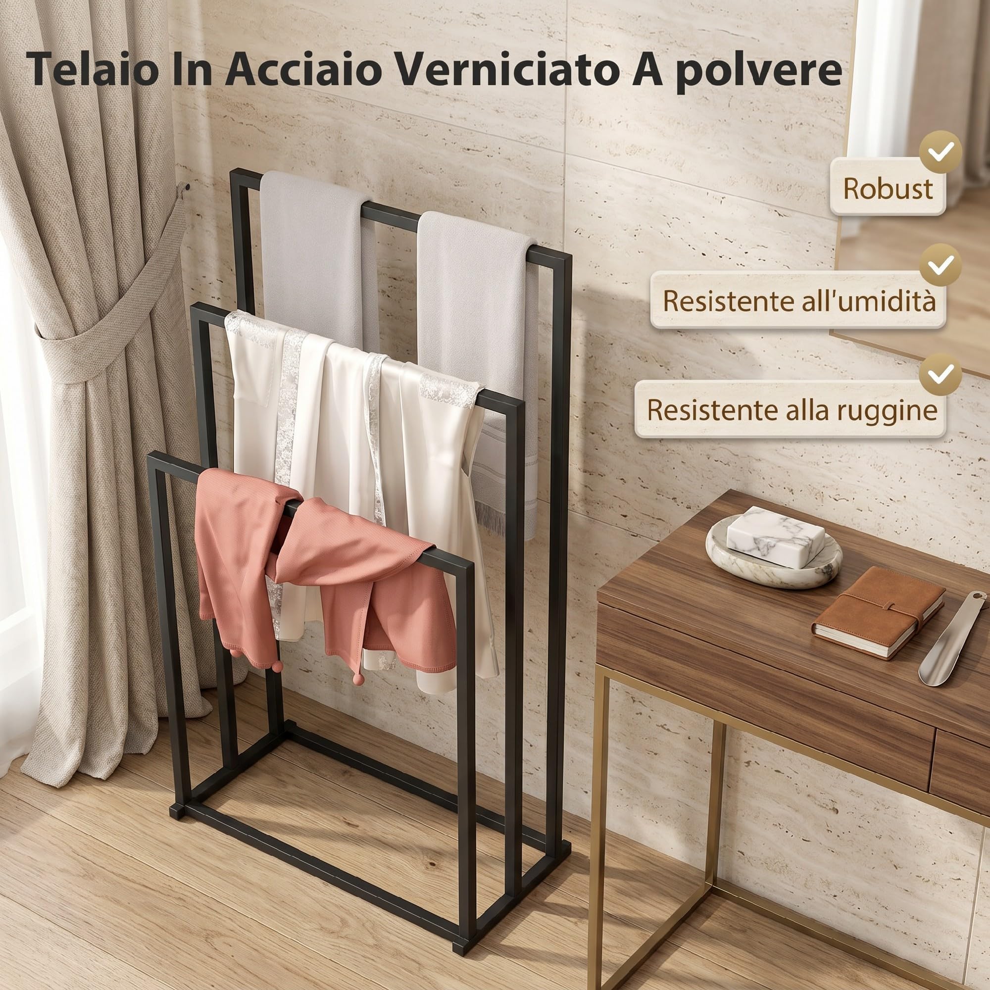 HOMCOM Portasciugamani da Terra 3 Bracci Autoportante 45x21.5x85 cm Nero | Porta Asciugamani per Bagno in Acciaio, Porta Salviette