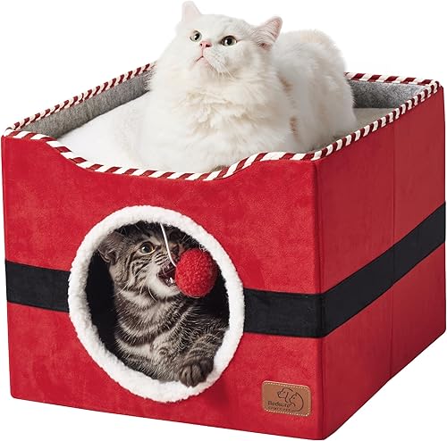 Bedsure Camas para gatos de interior  Cueva grande para gatos para casa de gatos con bola esponjosa para colgar y almohadilla para rascar, escondite