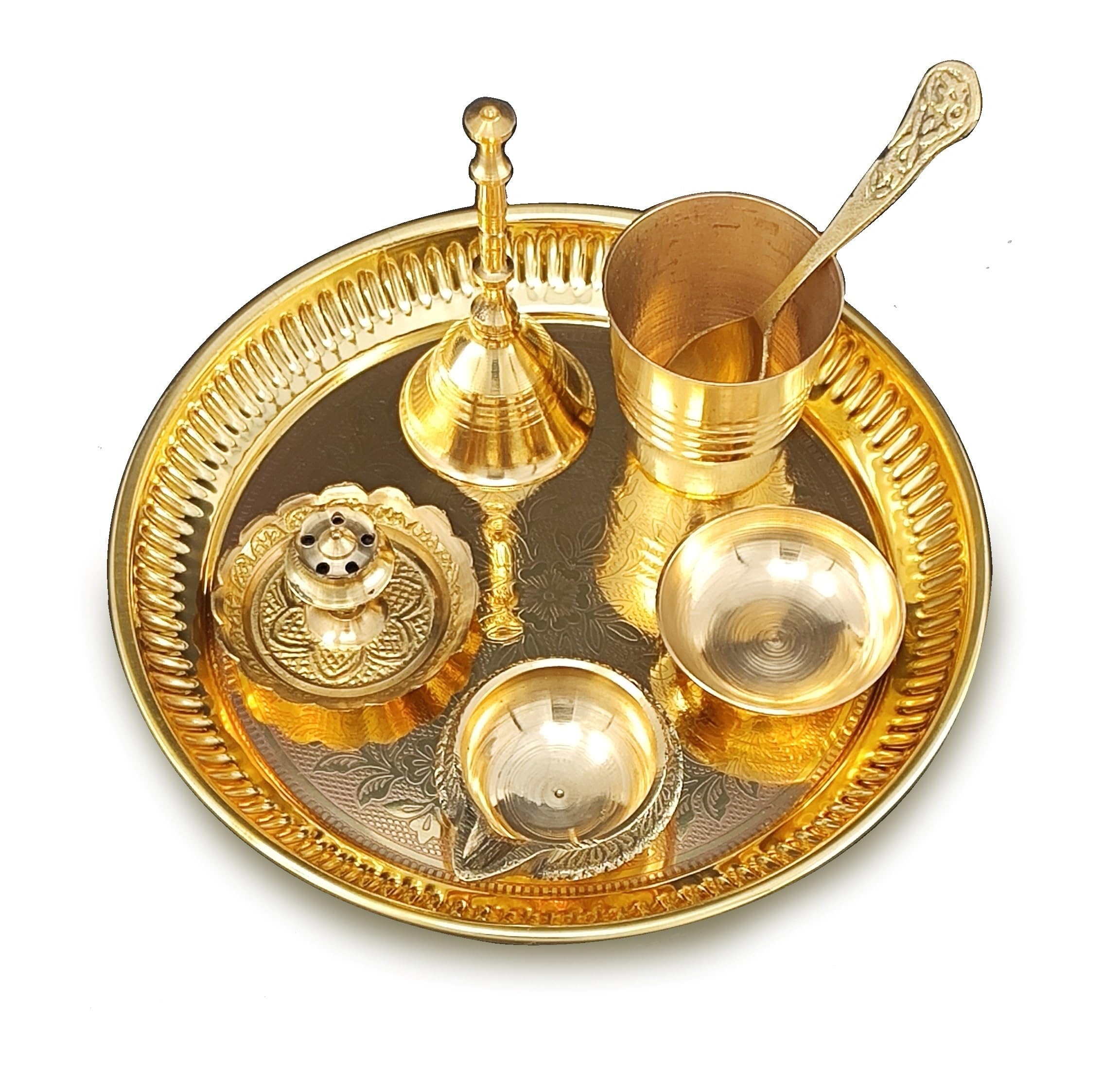 BENGALEN Brass Pooja Thali Set Small 6 Inch Puja Thali with Pital Plate Chandan Wati Kalash Kuber Diya Ghanti Palli Arti Thali for Diwali Home Office Mandir Wedding Return Gift Items 2