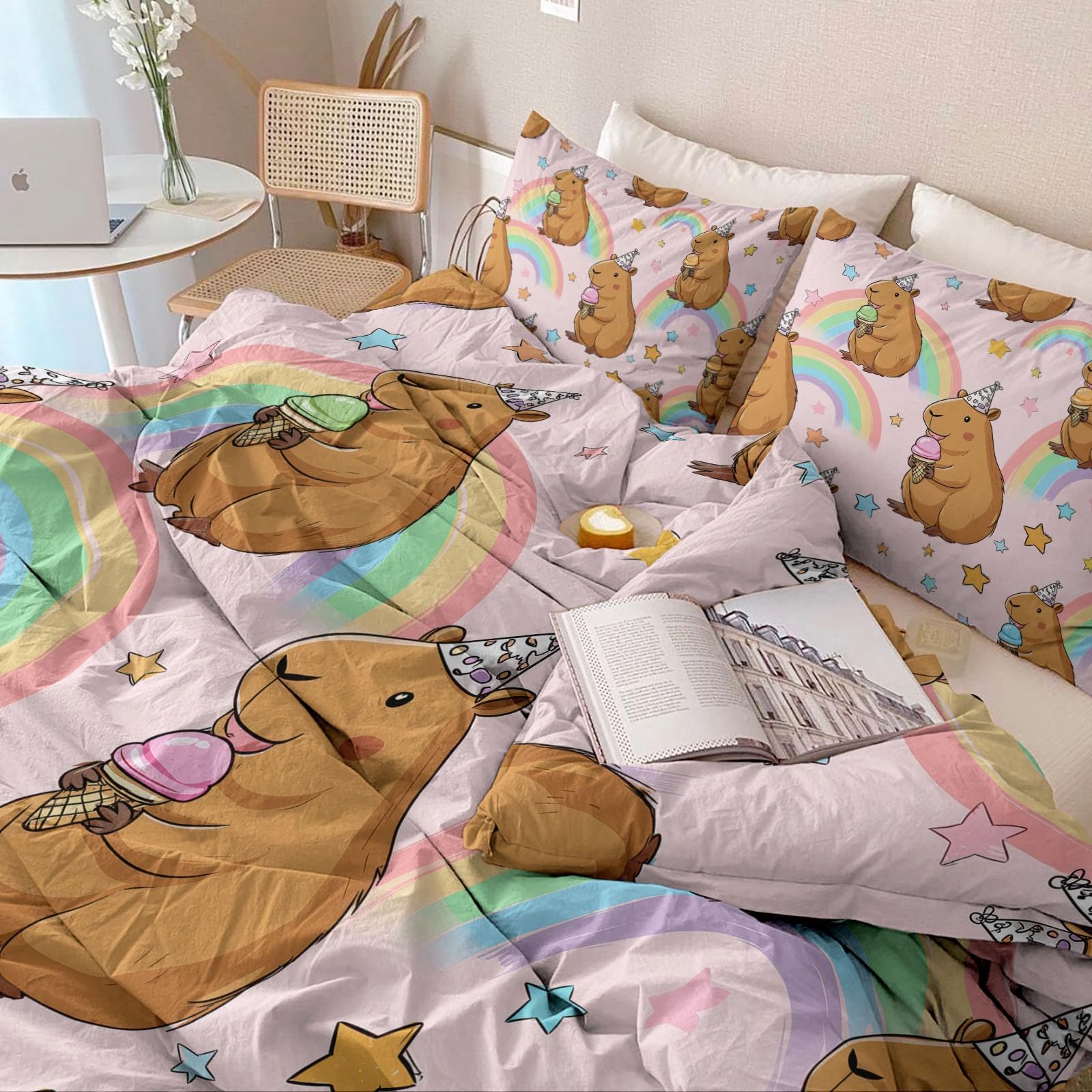 Japanisch Cartoon Bettwäsche 200 x 200 cm, Capybara EIS Partyhut Wende Bettwäsche Bunt Weich Kuschelig Bettbezug Set Mikrofaser Deckenbezug, mit Reißverschluss und Kissenbezug
