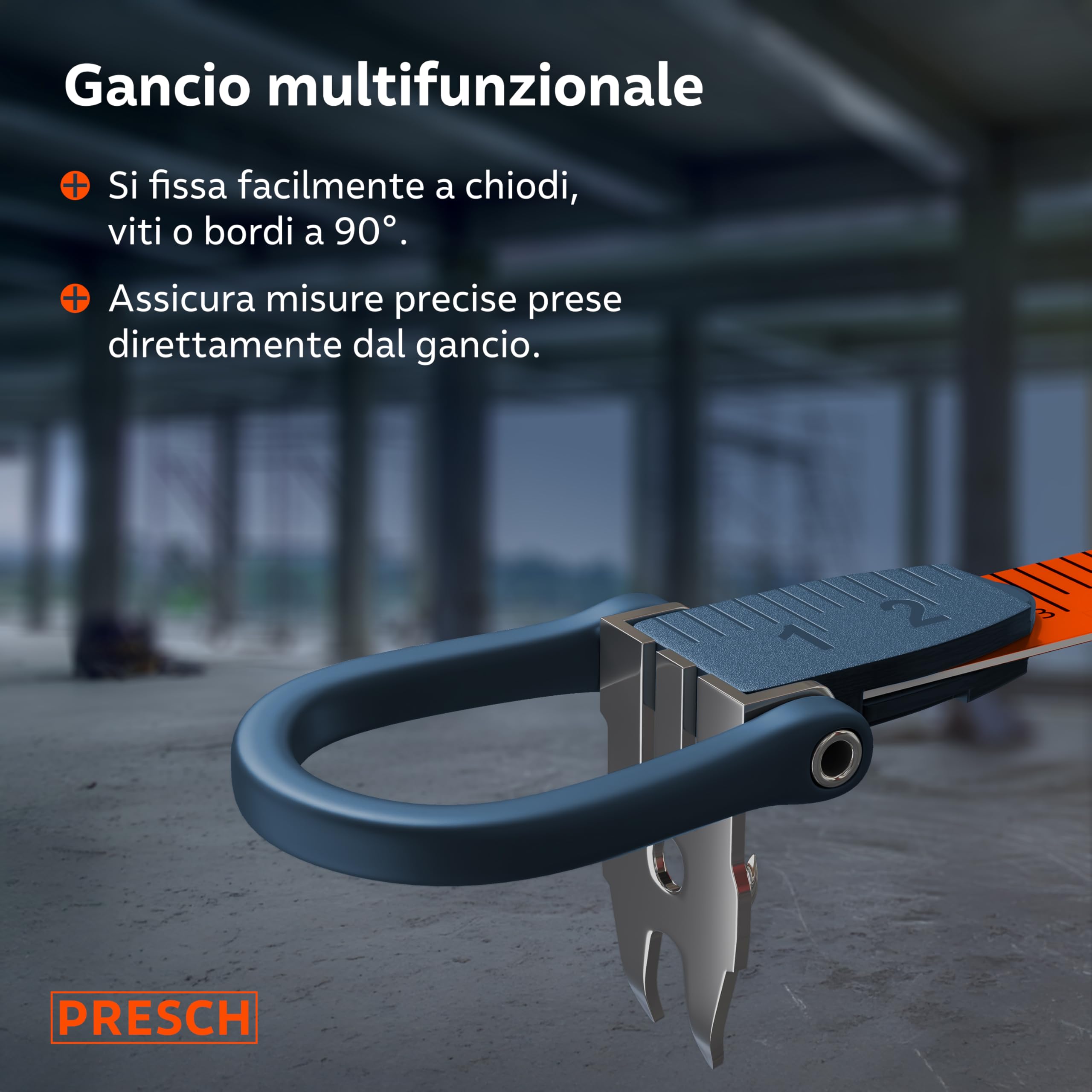 Presch Metro a Nastro 50m – Ritorno Rapido 3:1 – Rotella metrica 50 metri in Fibra di Vetro Resistente – Blocco a Manovella – Presa Sicura con Gancio Multifunzione – Bindella per Uso Professionale