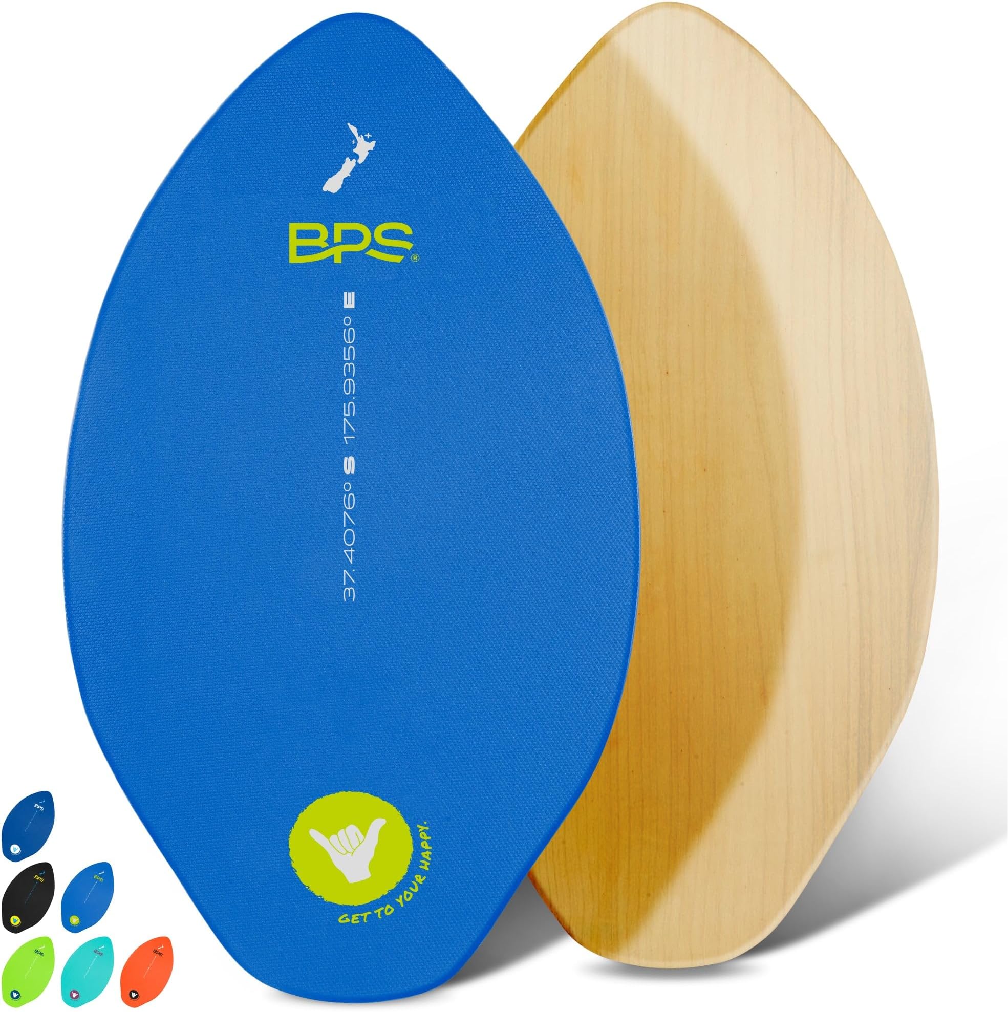 BPS New Zealand 'Shaka' Skimboard with Colored EVA Grip Pad and High Gloss Clear Coat | Wooden Skim Board with Grip Pad for Kids and Adults | Choose from 3 Sizes and Traction Pad Color