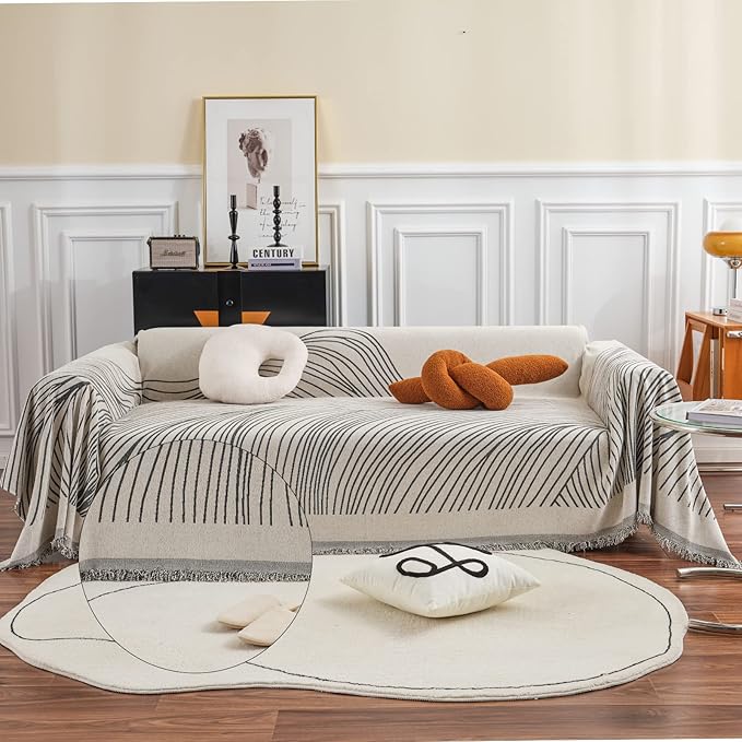 HANDONTIME Mountain Striped Couch Cover Beige Grey Sofa