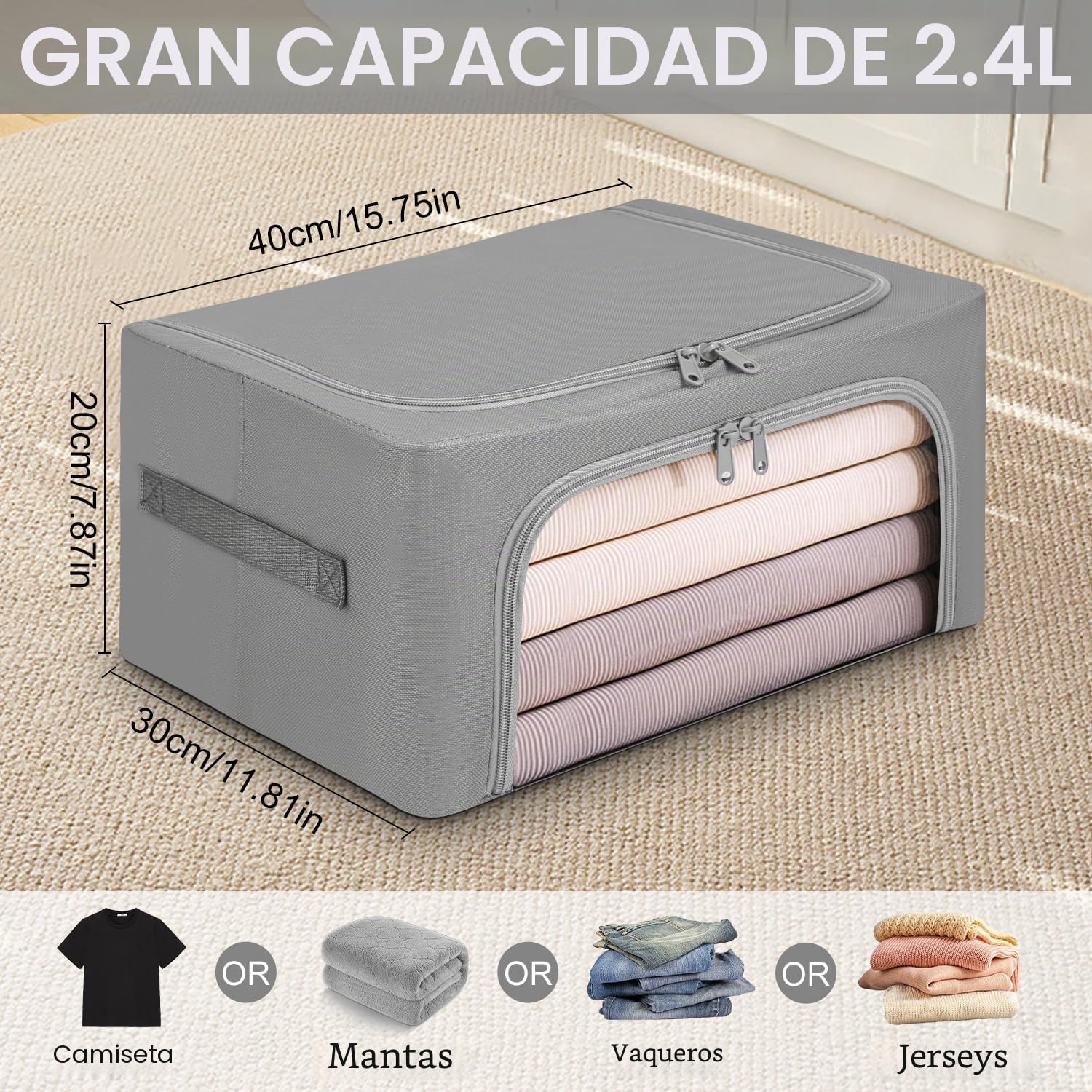 Cajas Almacenaje Ropa con Cremallera Oxford Organizador Armario Gris Claro