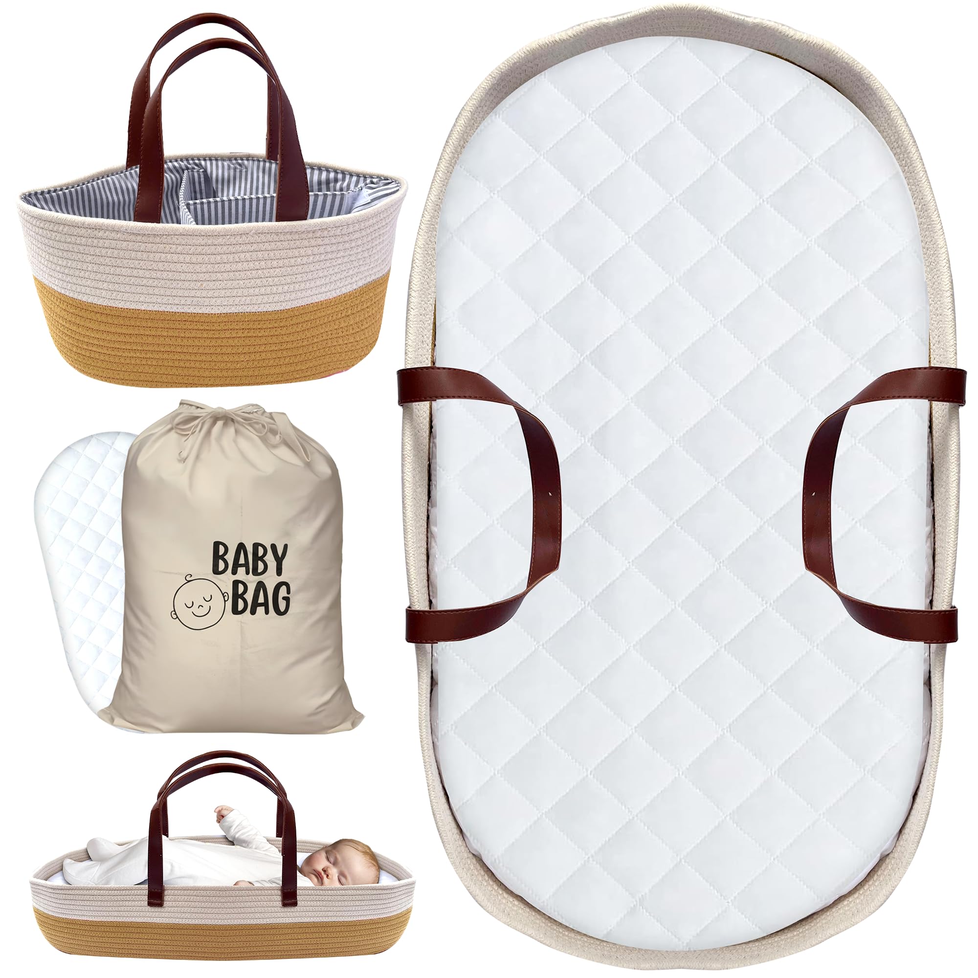 Set of 2 Pieces Changing Basket 76x40x19 cm / 30x16x7 inches, 2 Baby Bibs Included Changing Station for Baby Dresser, Pillow Included Diaper Changing Basket, Camel Beish Changing Station