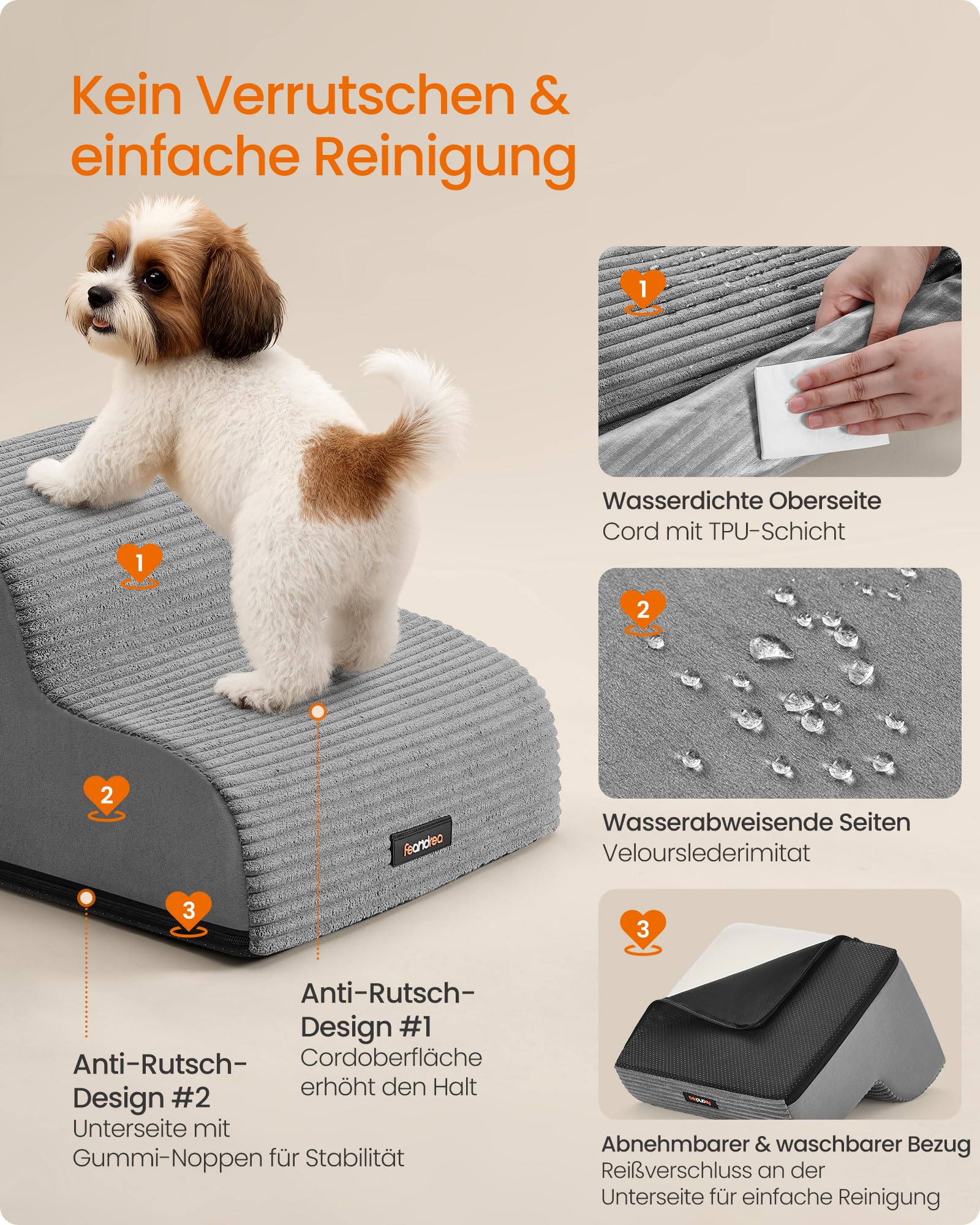 Feandrea Hundetreppe, 2 Stufen, Haustiertreppe, für kleine Hunde, Bett, Sofa, wasserdichte Katzentreppe, rutschfest, gringe Neigung, Abnehmbarer waschbarer Bezug, Griff, Taubengrau PPS002G01