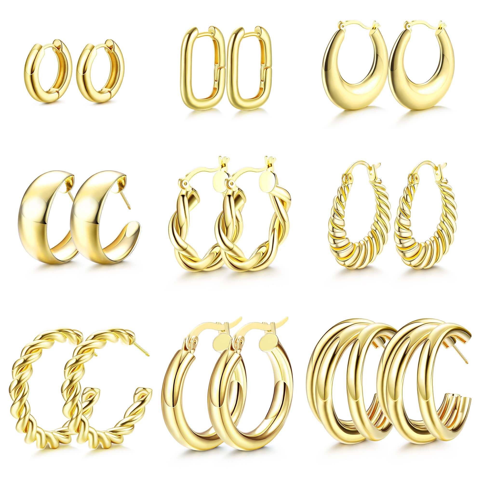 9 Pairs 14K Gold Hoops Earrings for Women Chunky Gold Earrings for Women Thick Hypoallergenic Earrings Lightweight Big Hoop Earrings Twisted Huggie Gold Earrings Women Jewelry Gift