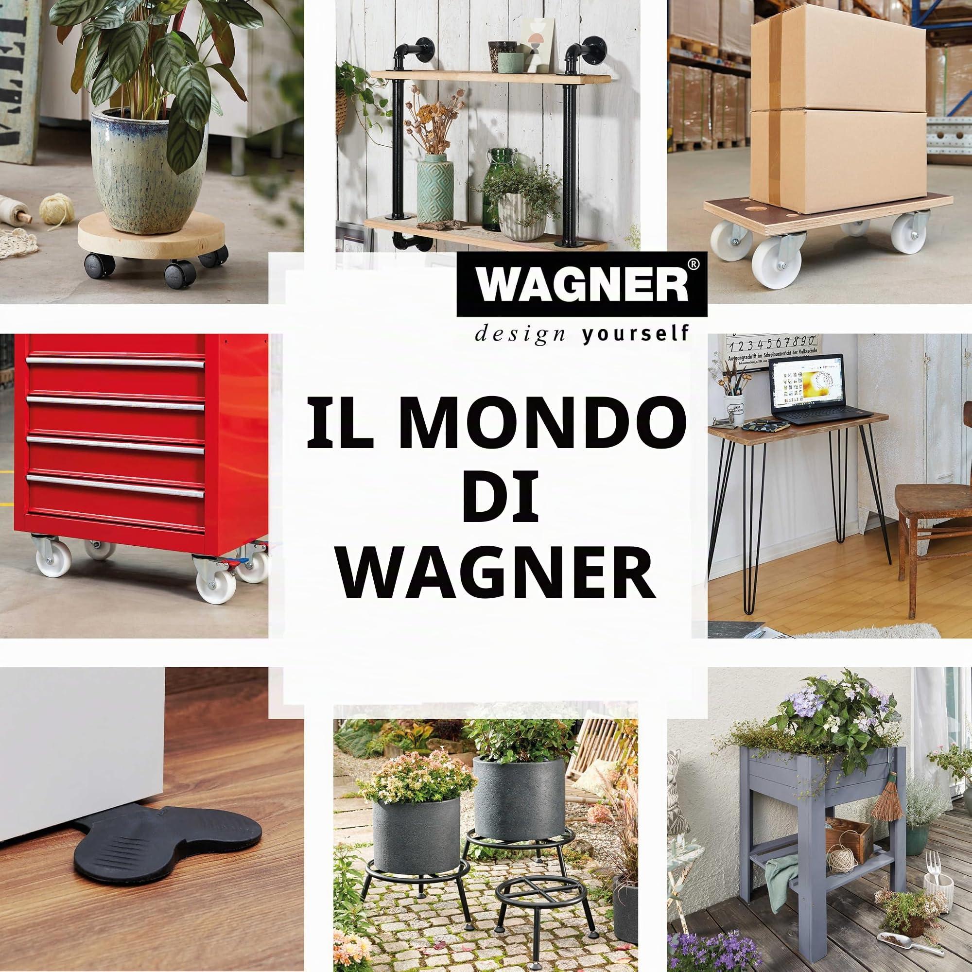 WAGNER Design - 3C - Ruote girevoli di trasporto/ruote per mobili - Set da 4 - bianco, battistrada morbido, Ø 50 mm, 2 ruote senza 2 con freni, cuscinetto a sfere, portata 50 kg/ruota - 02225104