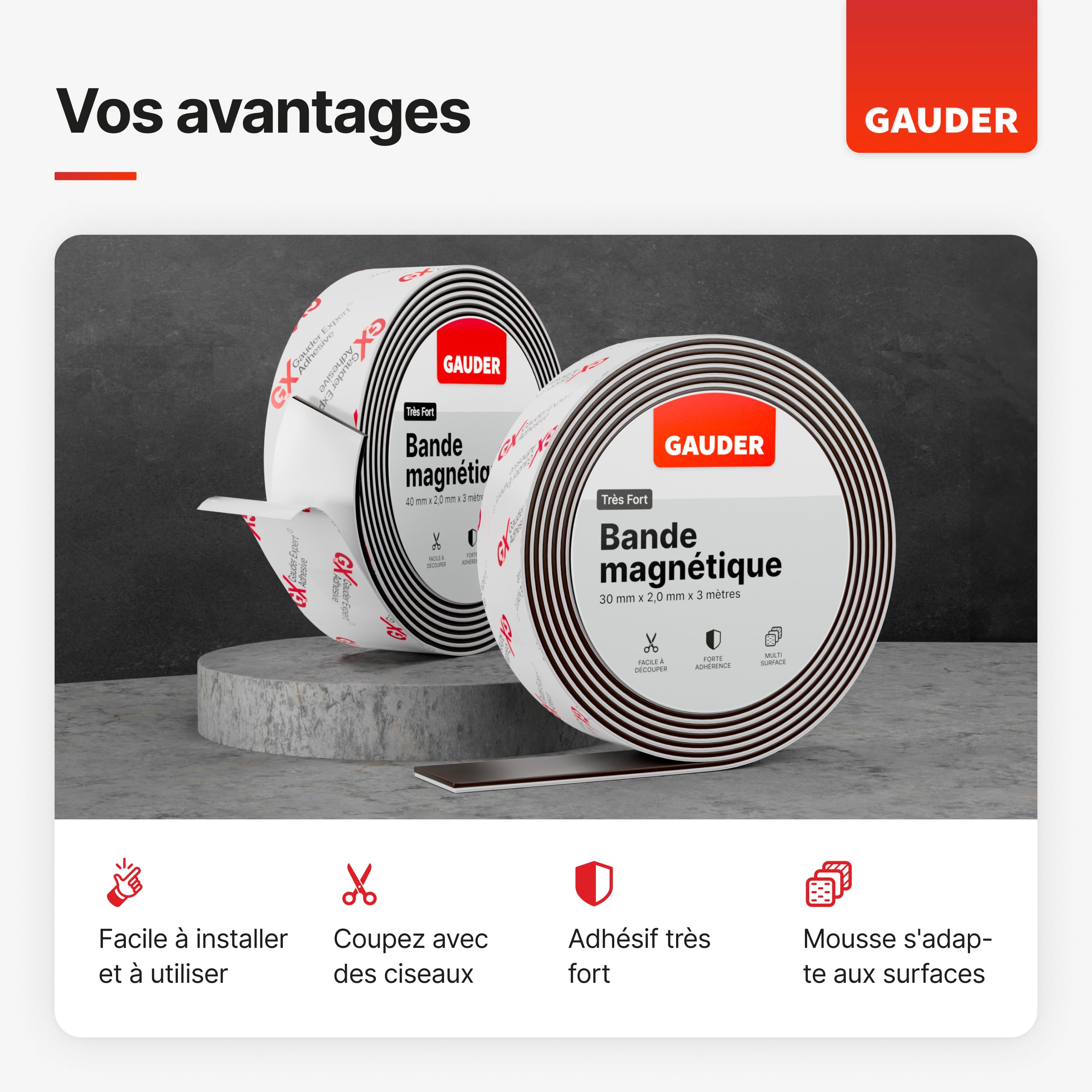 GAUDER Bande Magnétique Autocollante Forte (40 mm x 6 m) | Bande Magnétique avec Mousse Adhésive | Ruban Magnétique