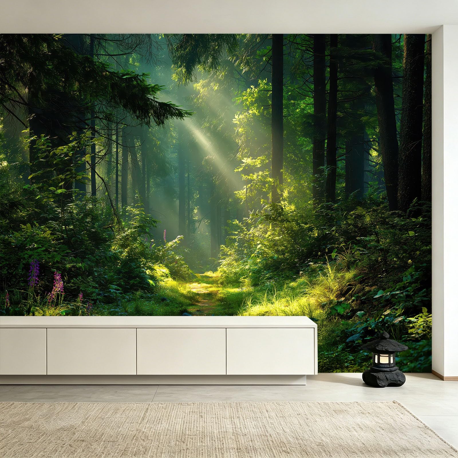 Générique Tapeta z włókniny z naturalnego krajobrazu 350 x 256 cm, tapeta z motywem porannego lasu, łatwa do zainstalowania dekoracja ścienna do salonu, sypialni, kuchni