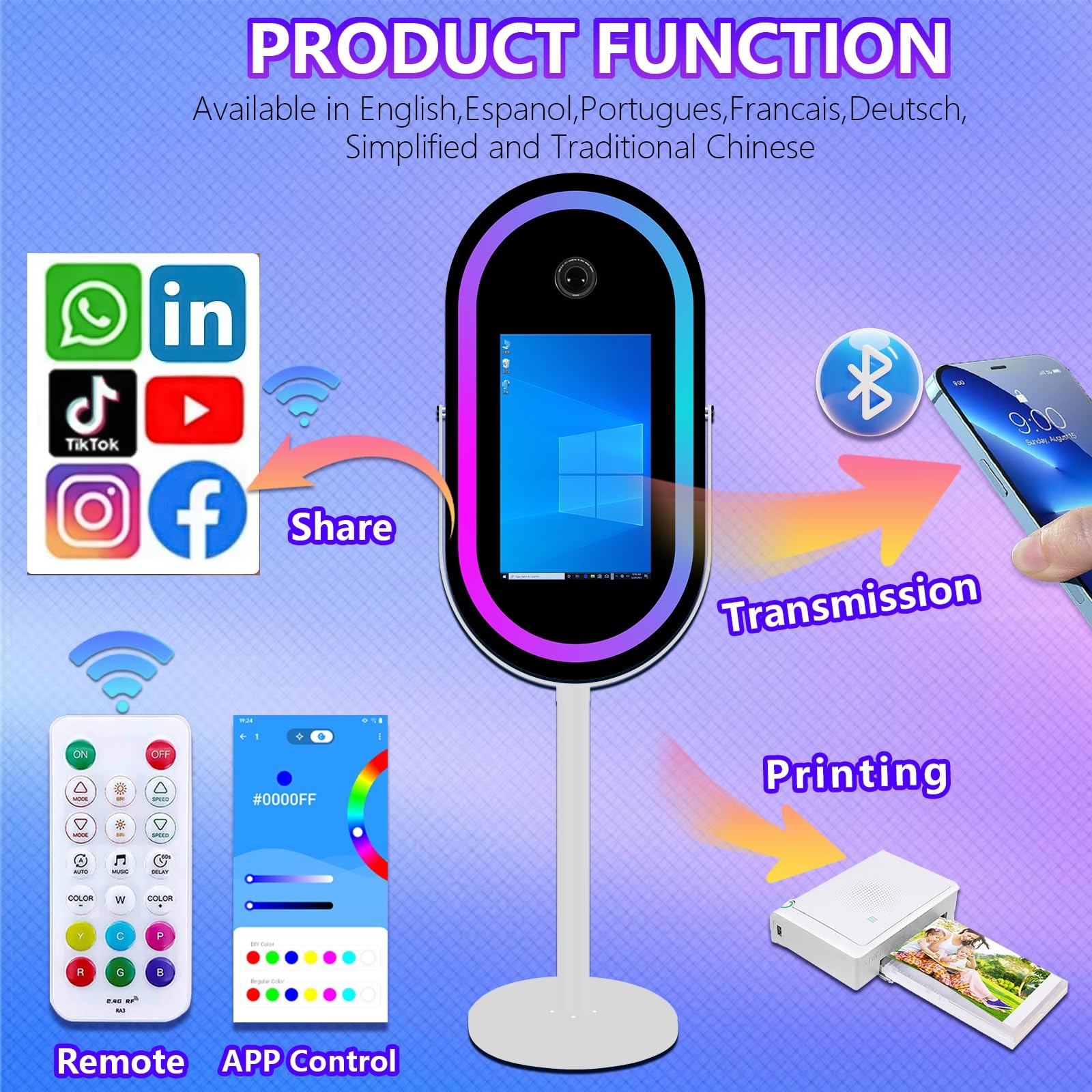 Eliptyczne lustro fotobudka do selfie ramka LED przenośna 54.6 cm ekran dotykowy magiczne lustro budka maszyna na imprezy weselne ze światłem RGB (białe, fotobudka)