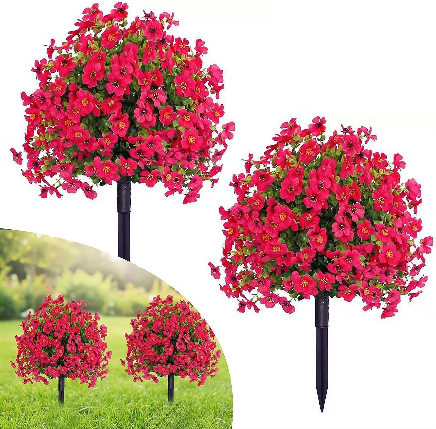 2Pack Artificial Petunias Flowers for Outdoors, 22inch Fake Bushes with Ground Stake Spring Decoration, UV Resistant Faux Summer Plants, Artificial Boxwood Topiary Ball Trees for Garden
