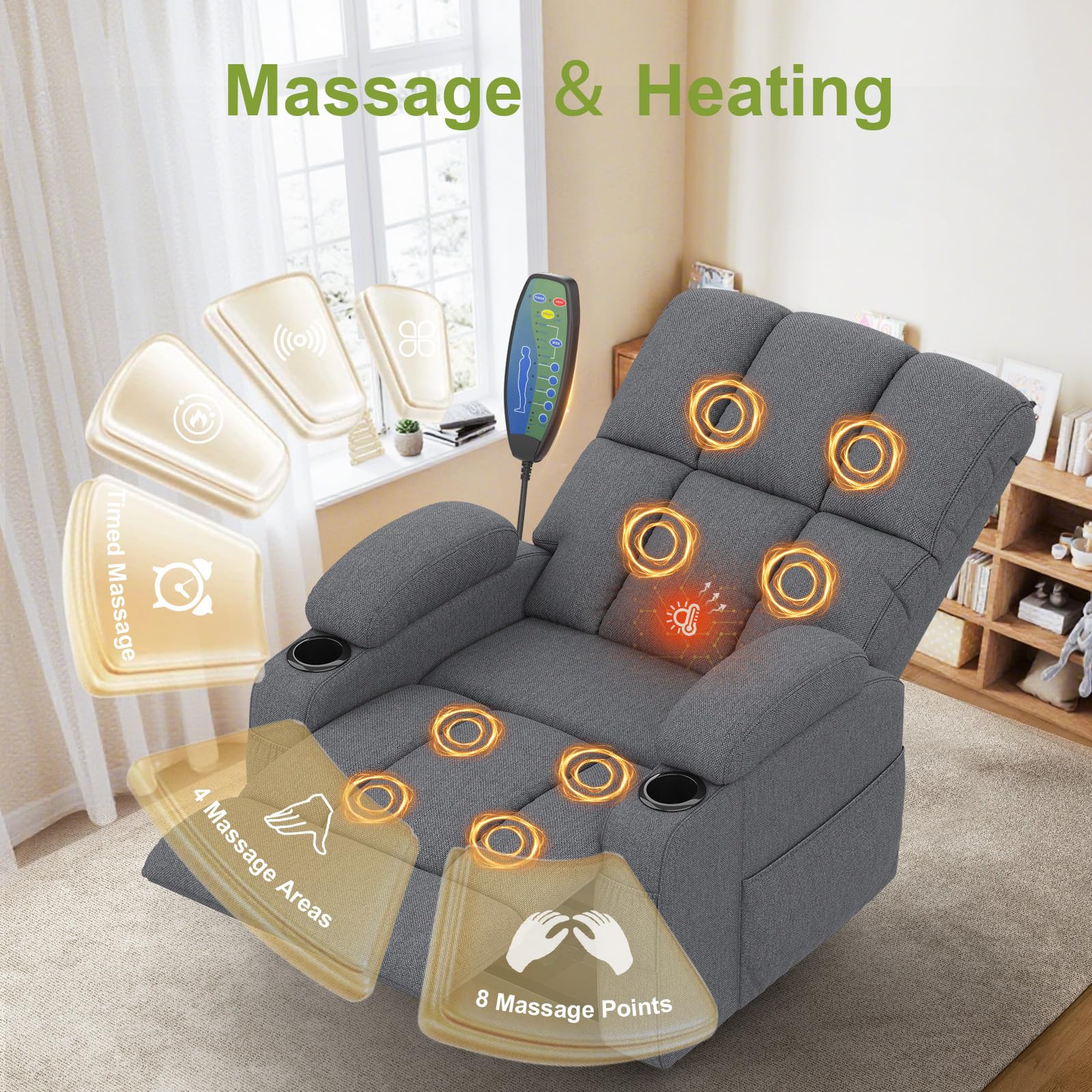 Relaxsessel Massagesessel Elektrisch Verstellbar Fernsehsessel mit Liegefunktion Massage Wärmefunktion, TYP C&USB-Anschlüsse, 4 Seitentaschen 2 Getränkehalter, Lesesessel TV Sessel Wohnzimmer