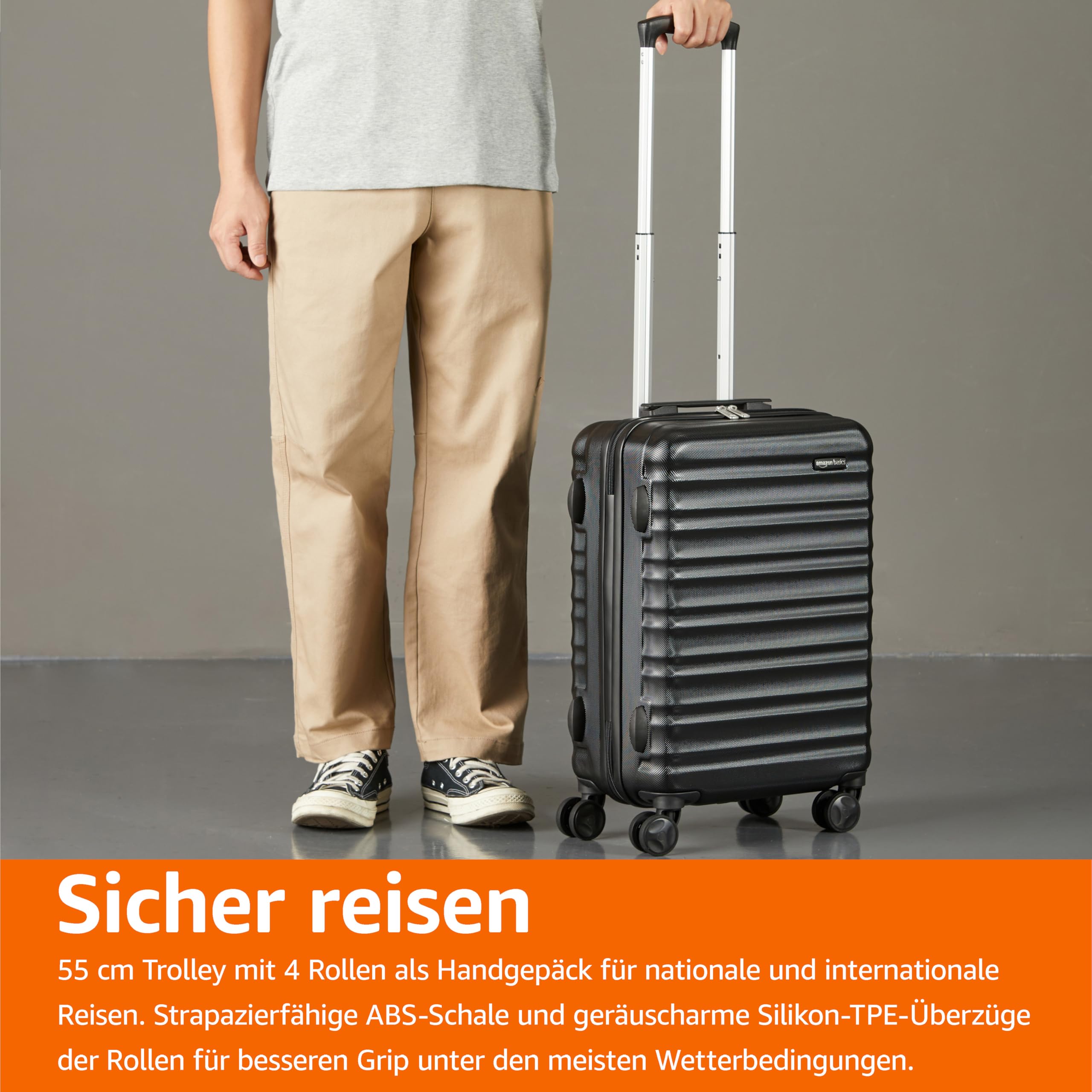 Amazon Basics Hartschalen-Kabinen-Koffer - ABS-Handgepäck Zugelassen für Ryanair - Kratzfest und Leicht - 55 x 40 x 20cm - Schwarz
