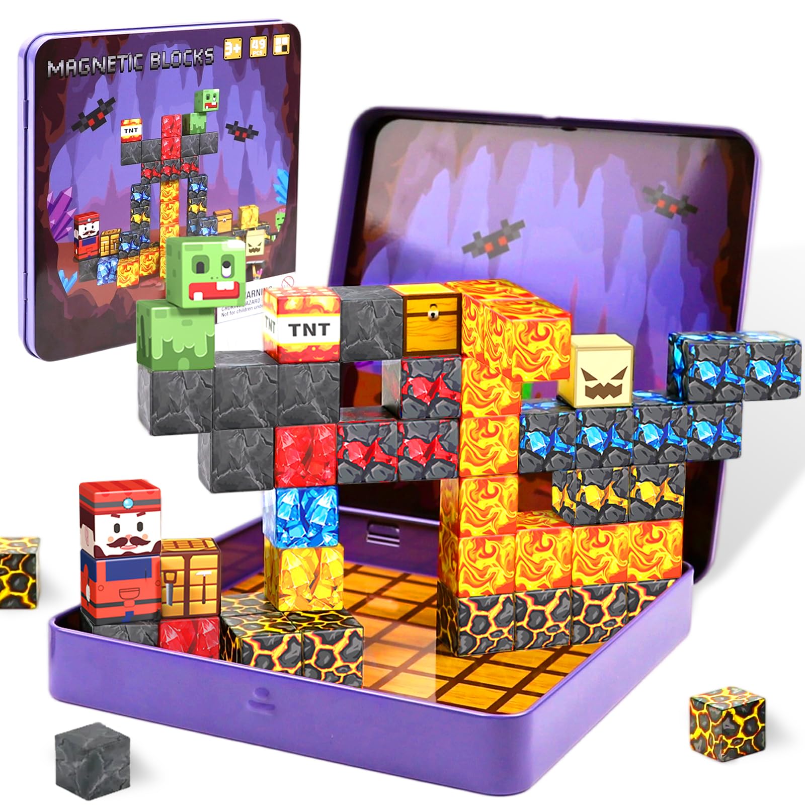 Magnetic Blocks with Magnet Box,49 pcs Travel Magnetic Building Blocks Magnets Cubes for Toddlers, STEM Educational Magnet Toys with Portable Iron Box for Kids 3 4 5 6 7 8 9 10+ Year Old Boys & Girls