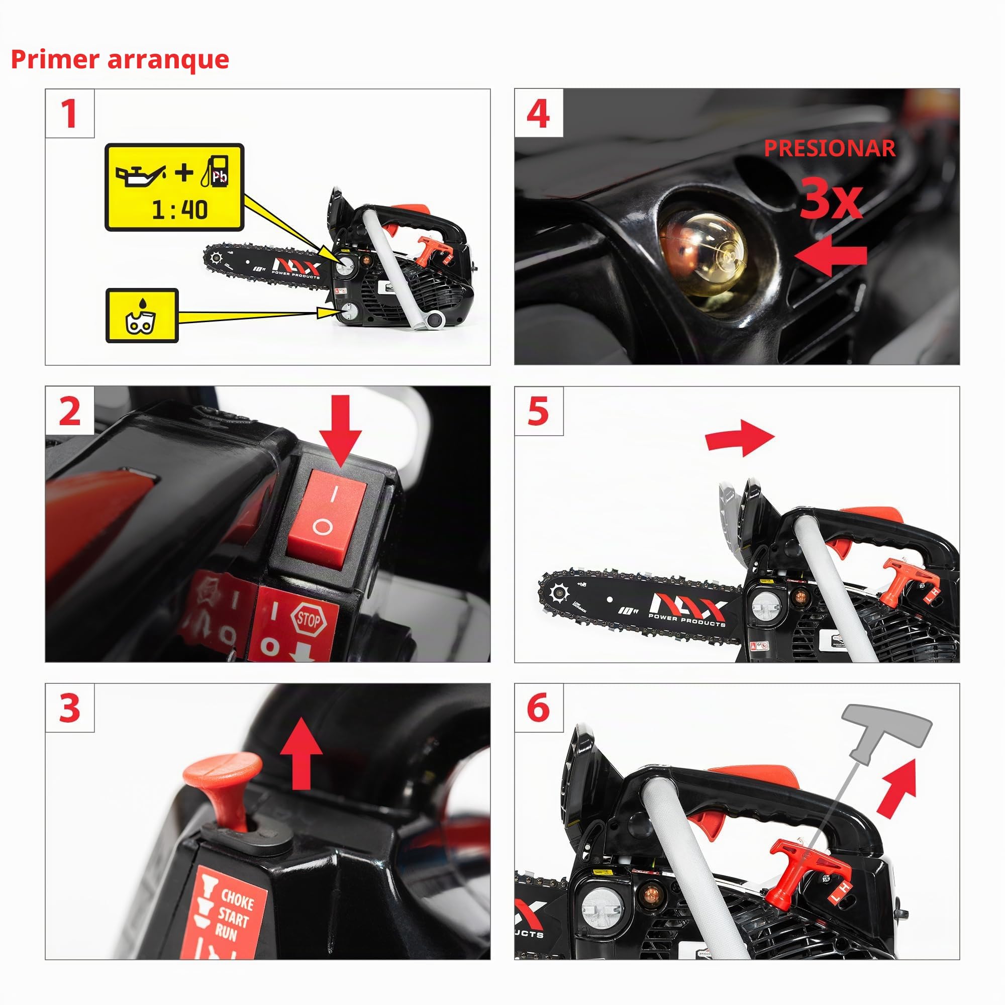 NAX POWER PRODUCTS Motor 100 C 25,4 cm3 0,75 kW, riel guía de 10 pulgadas 25 cm, sistema antirretroceso LOW KICKBACK Briggs & Stratton, licencia oficial, motosierra de gasolina, color negro