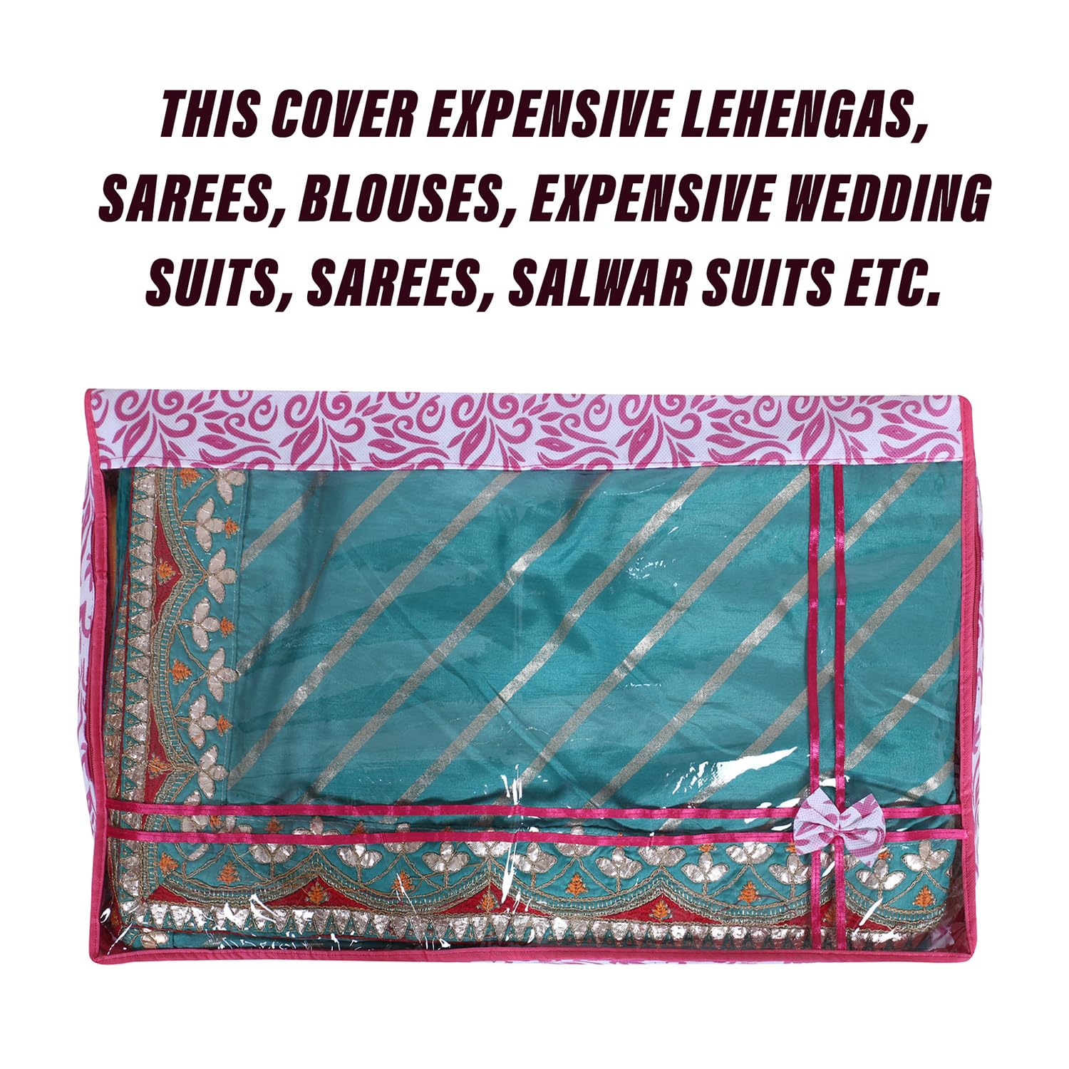 Kuber Industries Lehenga Pokrowiec na suknię z włókniny, wzór w liście, pokrowiec na garnitur Salwar z górną częścią garderoby, duży, 2 sztuki, różowy
