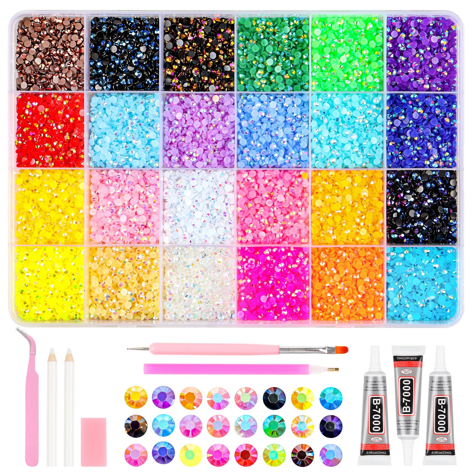 24 Colors Resin Jelly Rhinestones for Bedazzling Kit, 17000Pcs Multicolor 4mm Bedazzle Kits, Bedazzling Kit with Glue 3 PCS, Bedazzled Kits for Nail Art Crafting Book Makeup Clothing Shoes Diamond Art - 1
