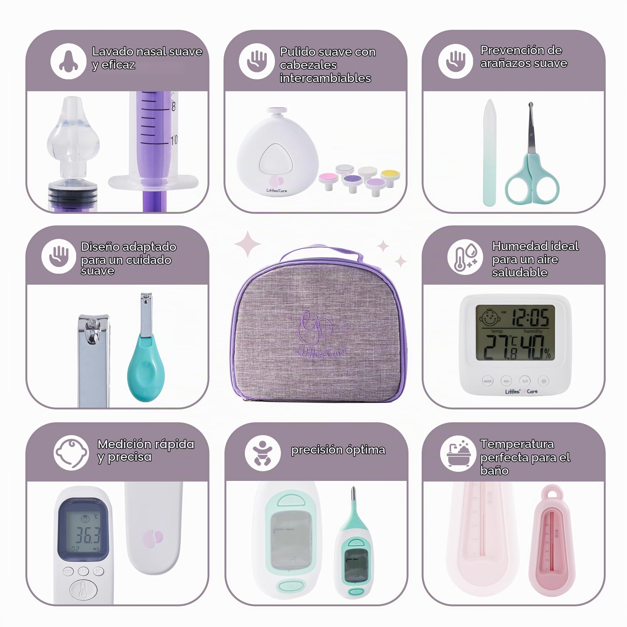 Estuche de aseo cuidado bebé: termómetro frontal, mosca bebe jeringa nasal, termómetro interior y baño, lima lijadora de uñas, estuche de nacimiento completo (termómetro de baño rosa)