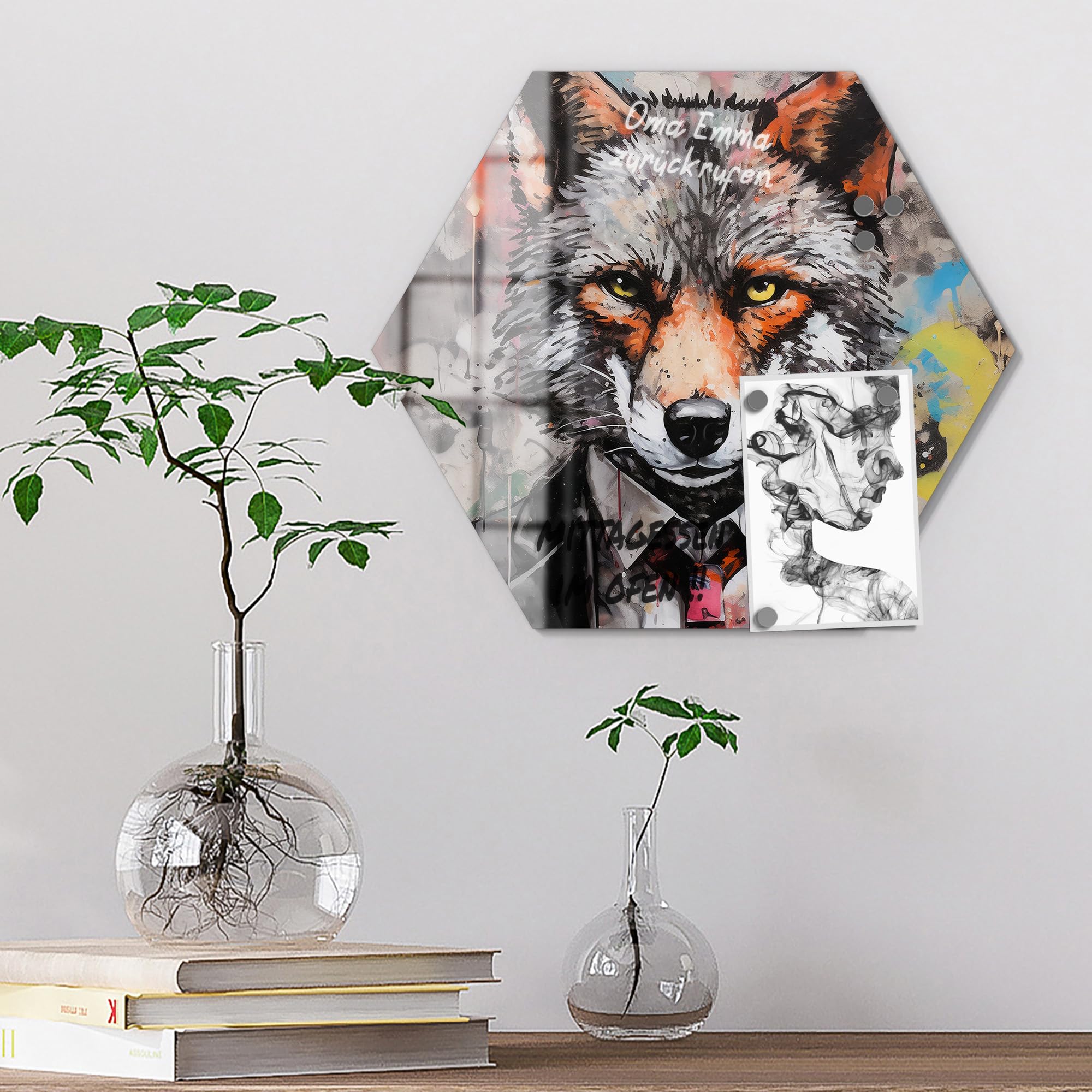 DEQOART Pizarra magnética de cristal, hexagonal, 40 x 34,5 cm, diseño de zorro del mundo empresarial, pizarra magnética con imanes, bolígrafo y paño para cocina y oficina