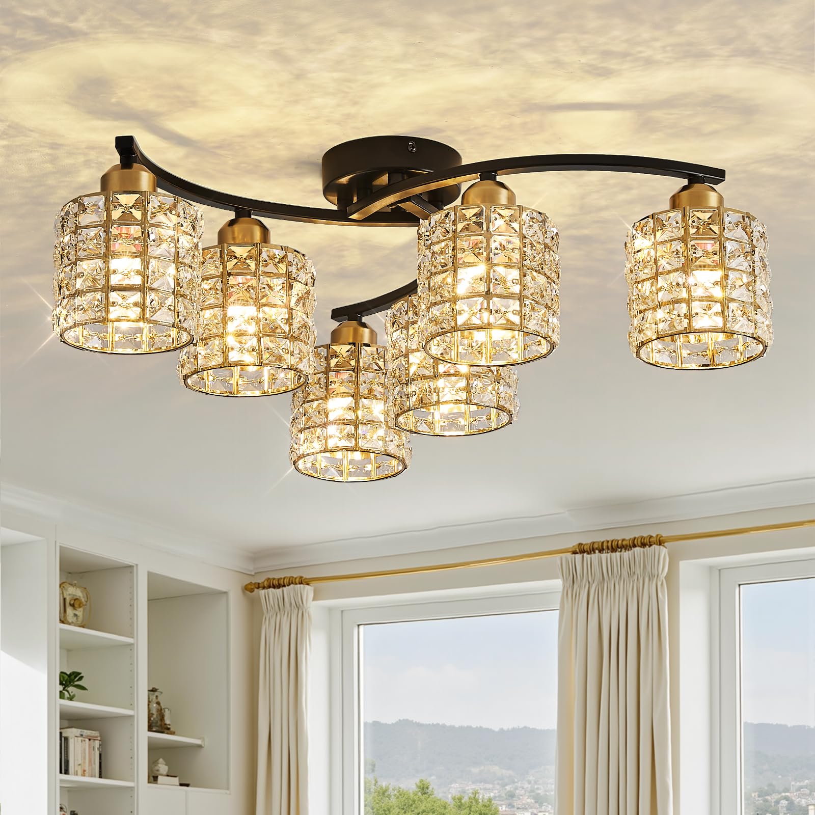 Moderne Kristall Deckenleuchte Schwarze und Gold Vintage Deckenlampe 6-Lichter Design Luxus K9 Kristall Kronleuchter für Schlafzimmer Wohnzimmer Esszimme