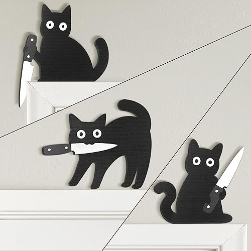 Dripykiaa Divertida decoración de pared de gato negro, 3 piezas de decoración de gato negro de madera, única para los amantes de los gatos,