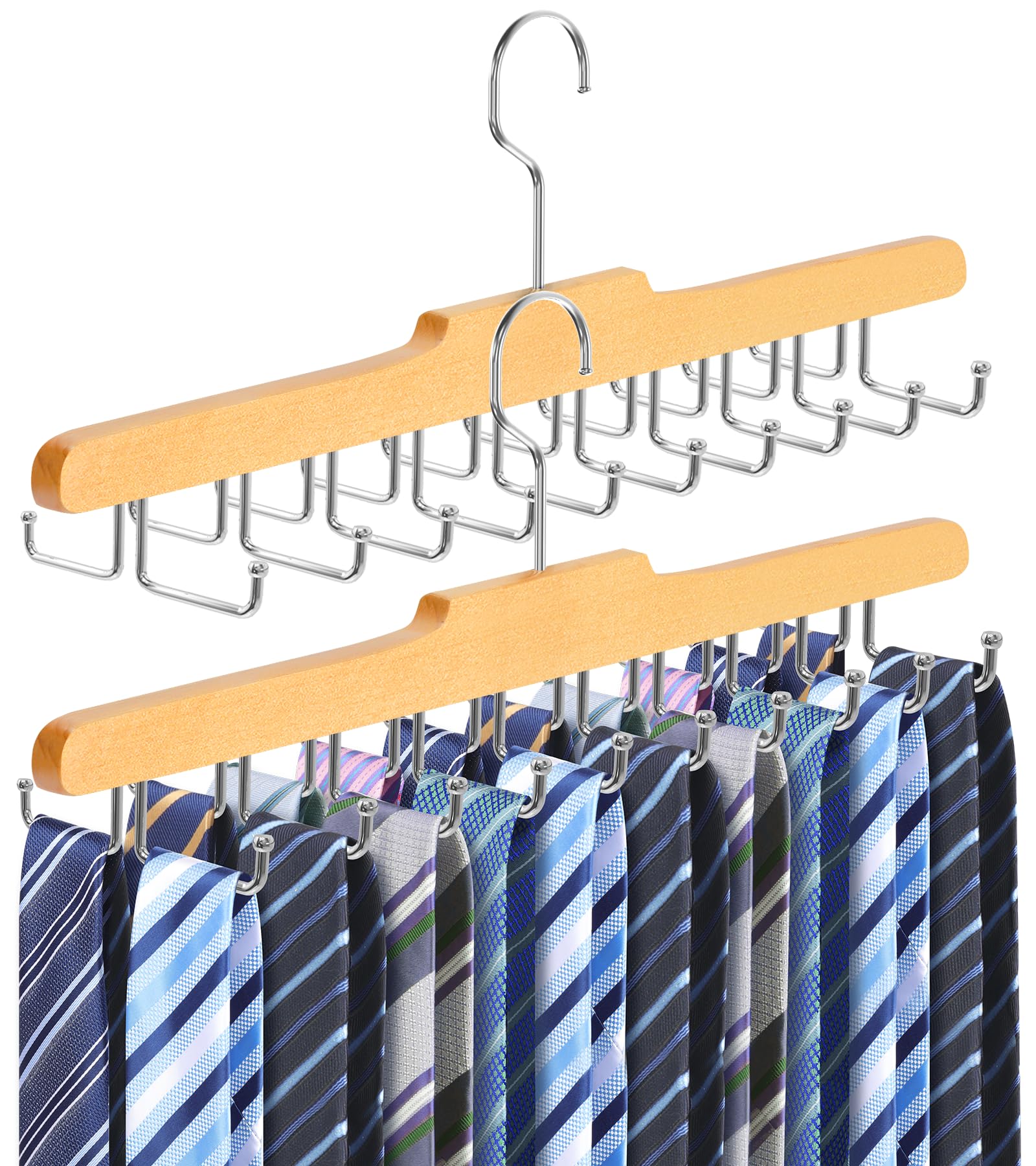 Tie Rack Belt Hanger for Closet, Upgraded Non Slip Tie Hanger Space Saving with 20 Foldable Hooks Wooden Belt Tie Organizer for Tank Tops Bras Cami Scarves (Wood,2 Pack)