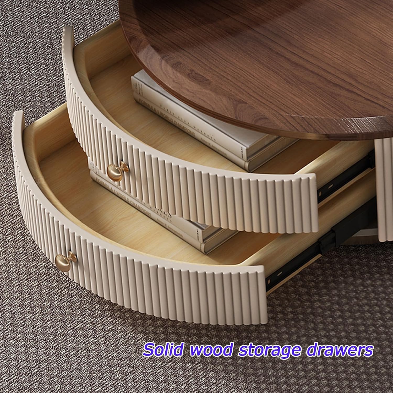 Brown Round Retractable Nesting Table, 31.4in Coffee Table with Double-Layer Large-Capacity Storage Drawer, for Small Spaces, Living Room, Office