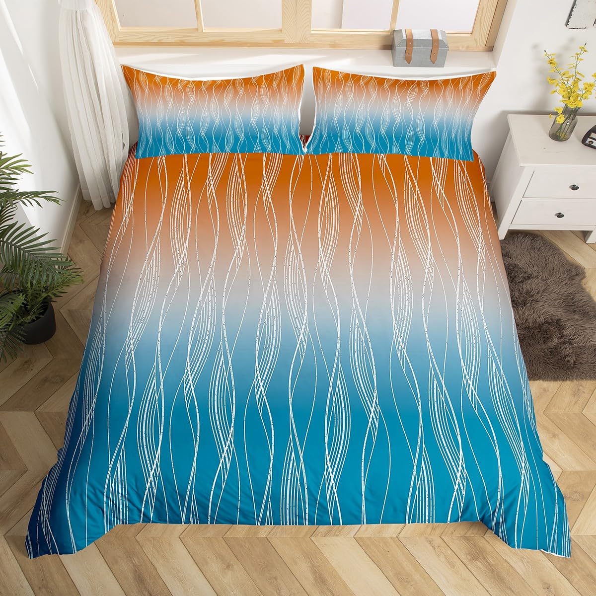 Homewish Orange And Blue Gradient Comforter Cover Double Abstract Ombre Bedding Sets For Kids Adult Men Women Geometric Striped Duvet Cover Modern Aestheticsbed Set Bedroom Decor 2 Pillow Cases