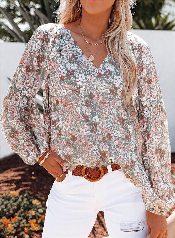 Women's V-Neck Broken Flowers Chiffon Blouse Casual Loose