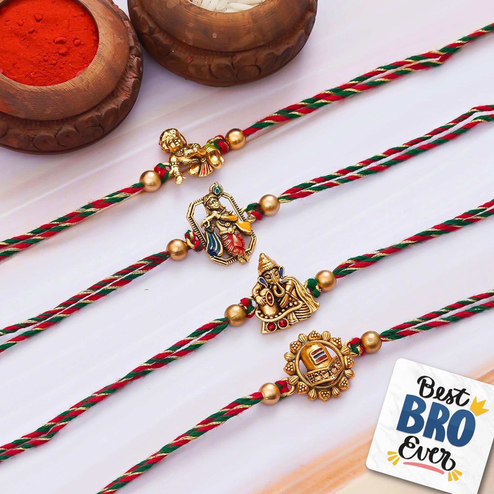 eCraftIndia Set of 4 Golden Laddu Gopal, Lord Krishna Playing Flute, Lord Ganesha, and Shivling Religious Rakhis with Roli Chawal Pack and Best Bro Ever Fridge Magnet - Rakhi for Brother, Bhaiya, Bhai-image-47