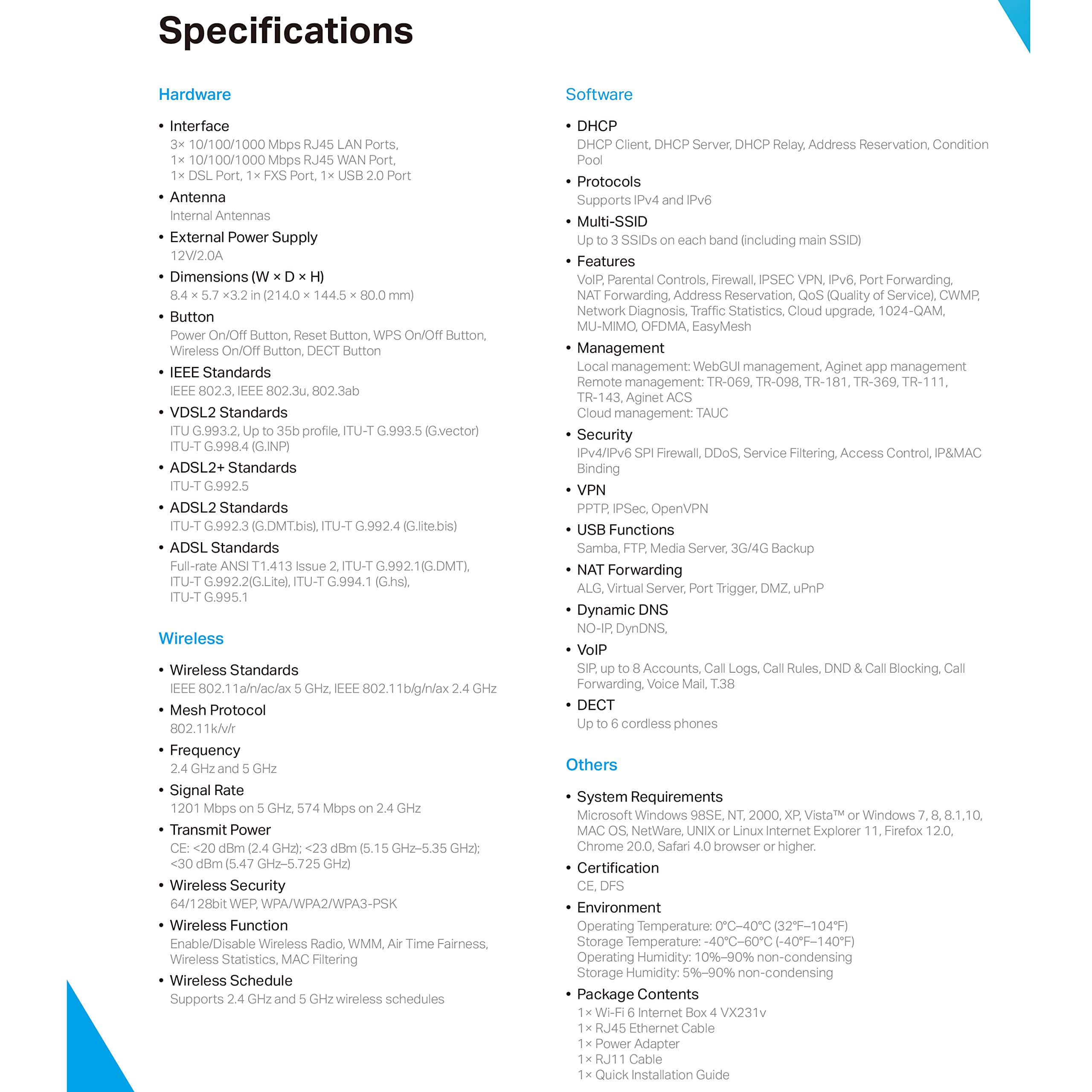 TP-Link VX231v Wi-Fi 6 DSL Router, VDSL2 35b 300 Mbit/s, 4× Gigabit-Ports, AX1800 Dual-Band WLAN, Unterstützt Telekom, O2, 1&1, Nicht Vodafone MIC, nur für Deutschland